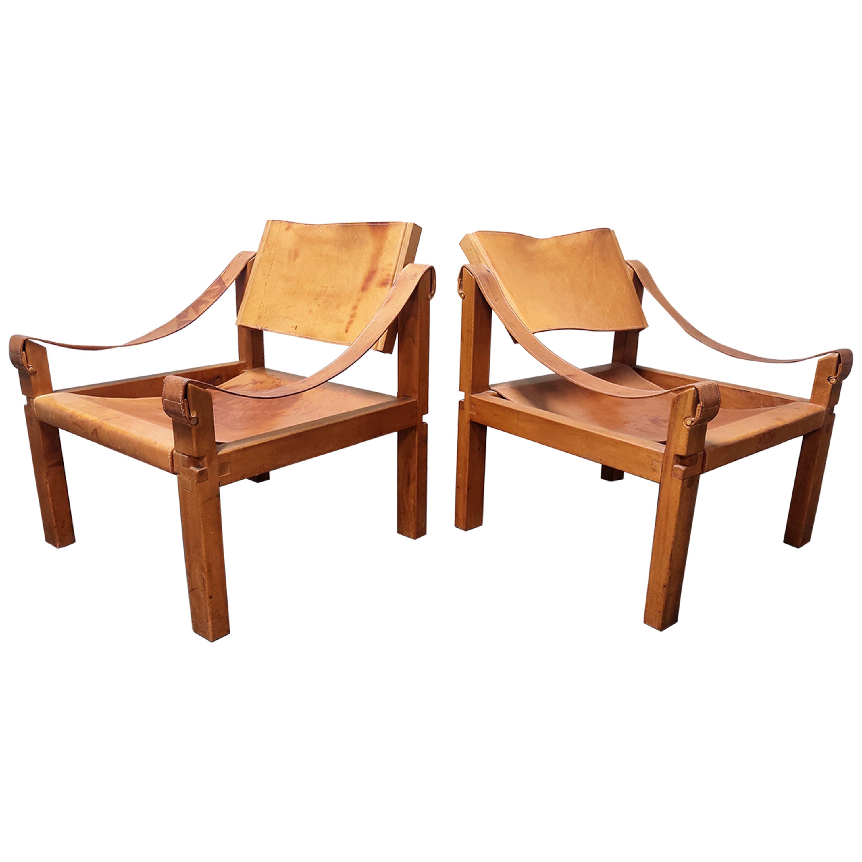 Pair of Pierre Chapo Sahara S10 Easy Chairs in Cognac Leather and Oak, France