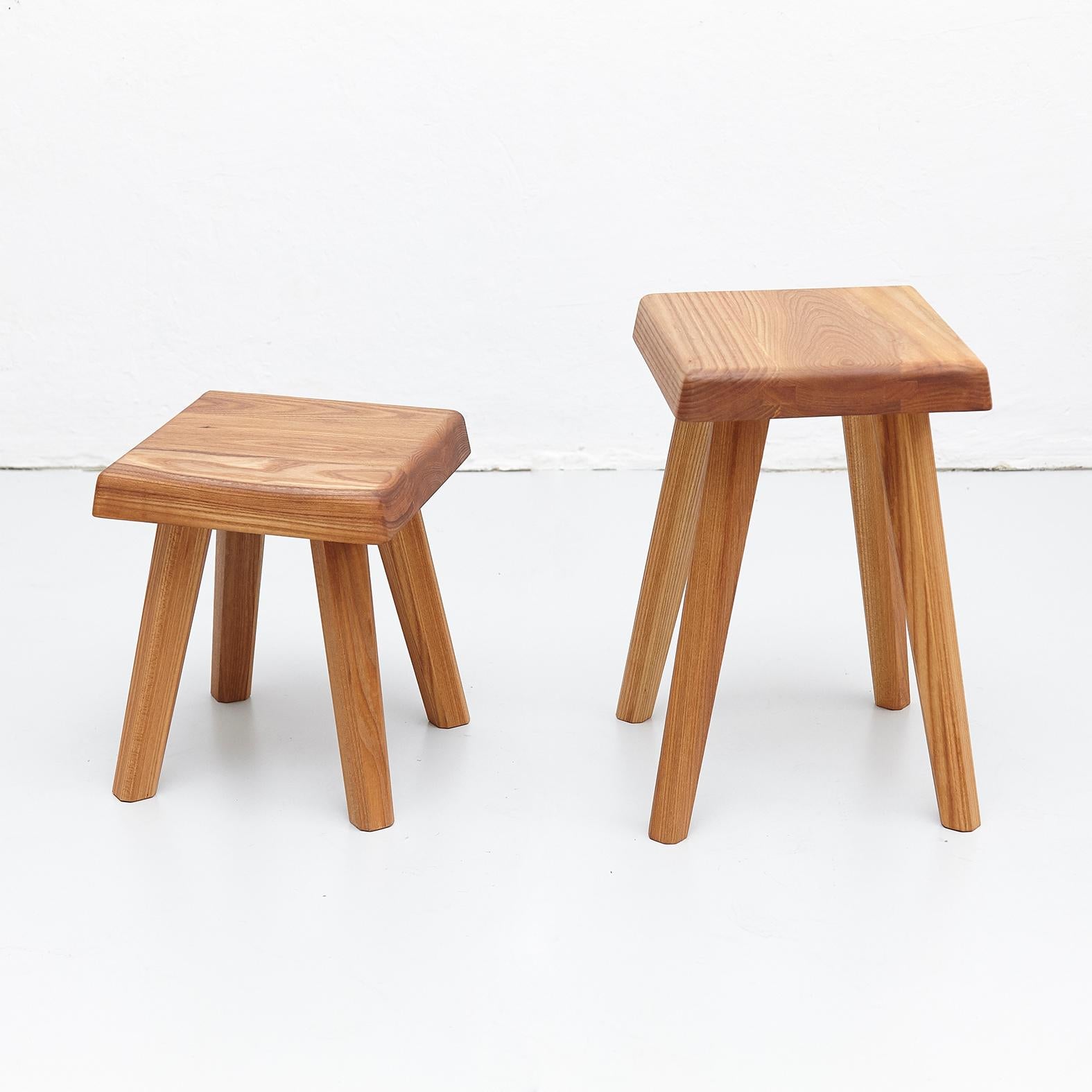 Mid-Century Modern Pair of Pierre Chapo Solid Elm Stools