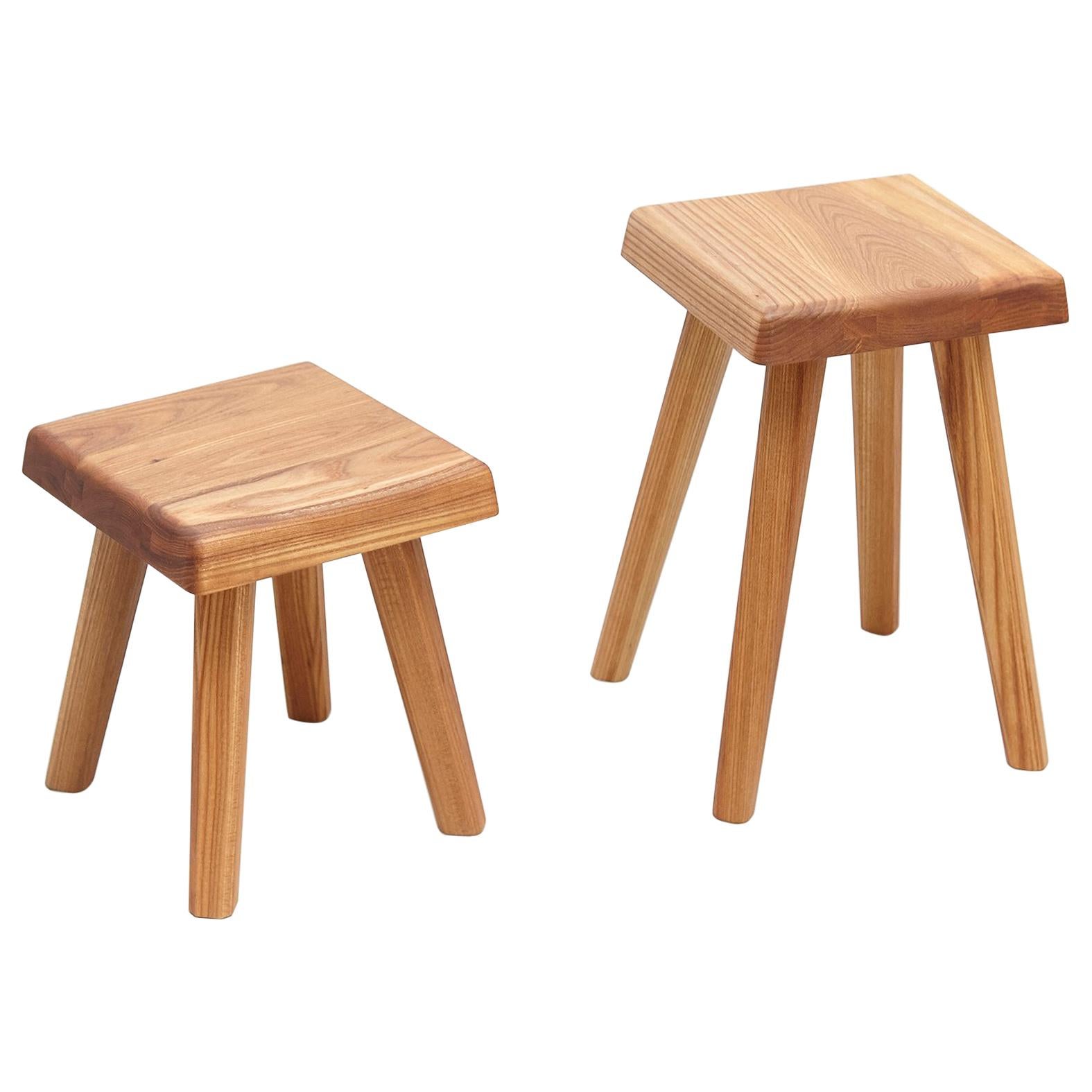 Pair of Pierre Chapo Solid Elm Stools
