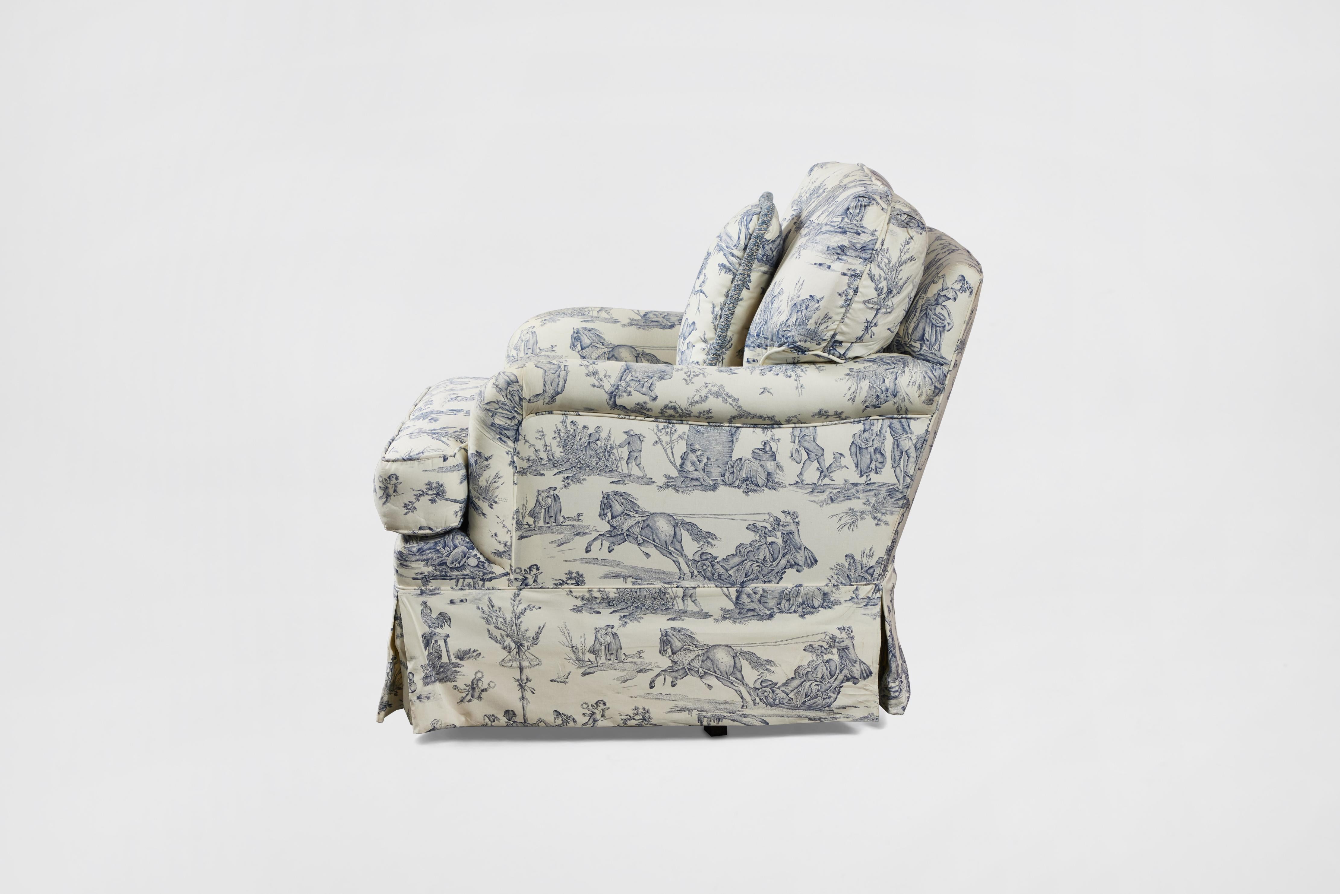Pair of Pierre Deux Toile Upholstered Rocking Arm Chairs with Matching Ottoman In Good Condition In Chicago, IL