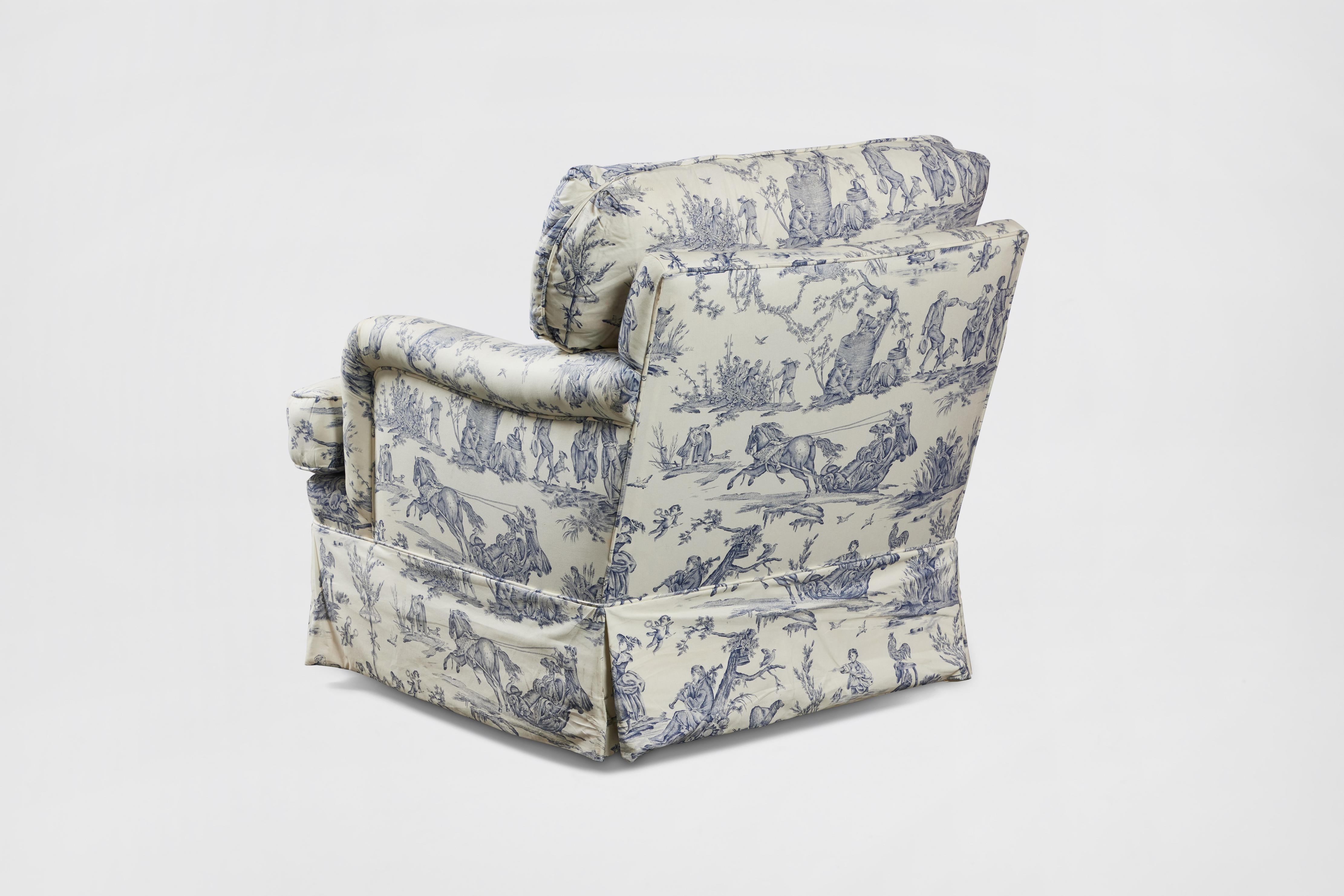 Late 20th Century Pair of Pierre Deux Toile Upholstered Rocking Arm Chairs with Matching Ottoman