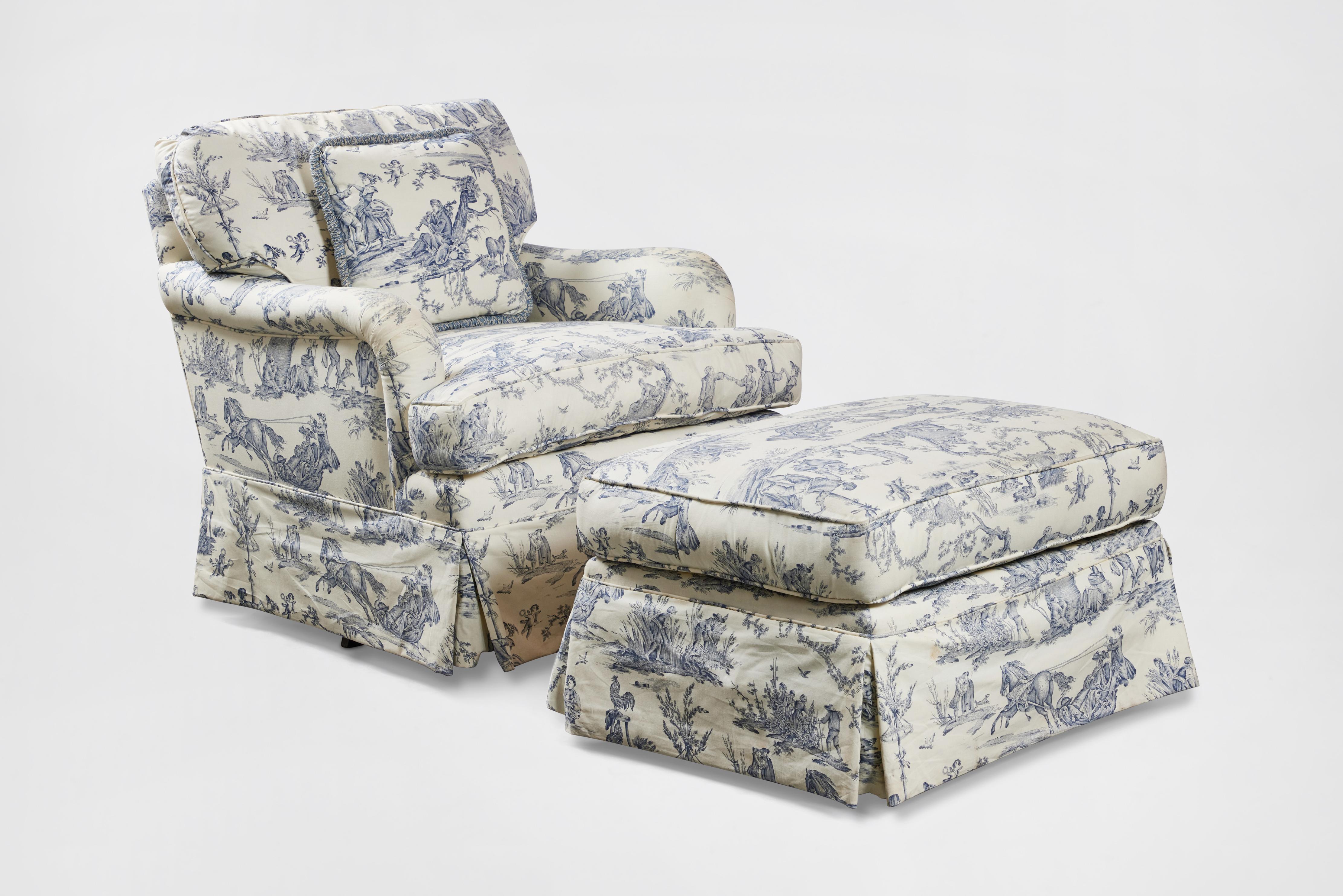 Pair of Pierre Deux Toile Upholstered Rocking Arm Chairs with Matching Ottoman 1