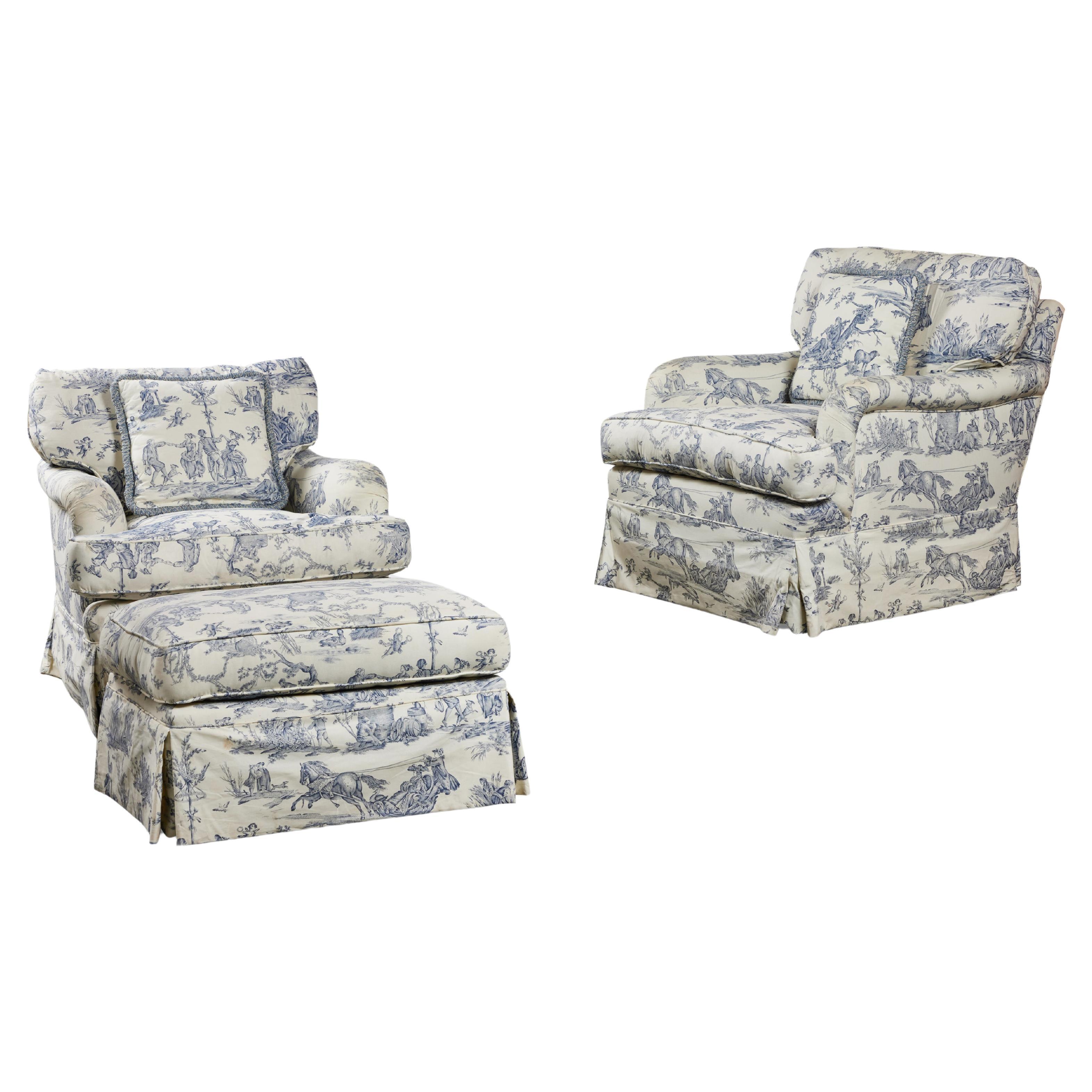 Pair of Pierre Deux Toile Upholstered Rocking Arm Chairs with Matching  Ottoman For Sale at 1stDibs