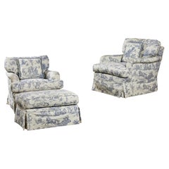 Pair of Pierre Deux Toile Upholstered Rocking Arm Chairs with Matching Ottoman