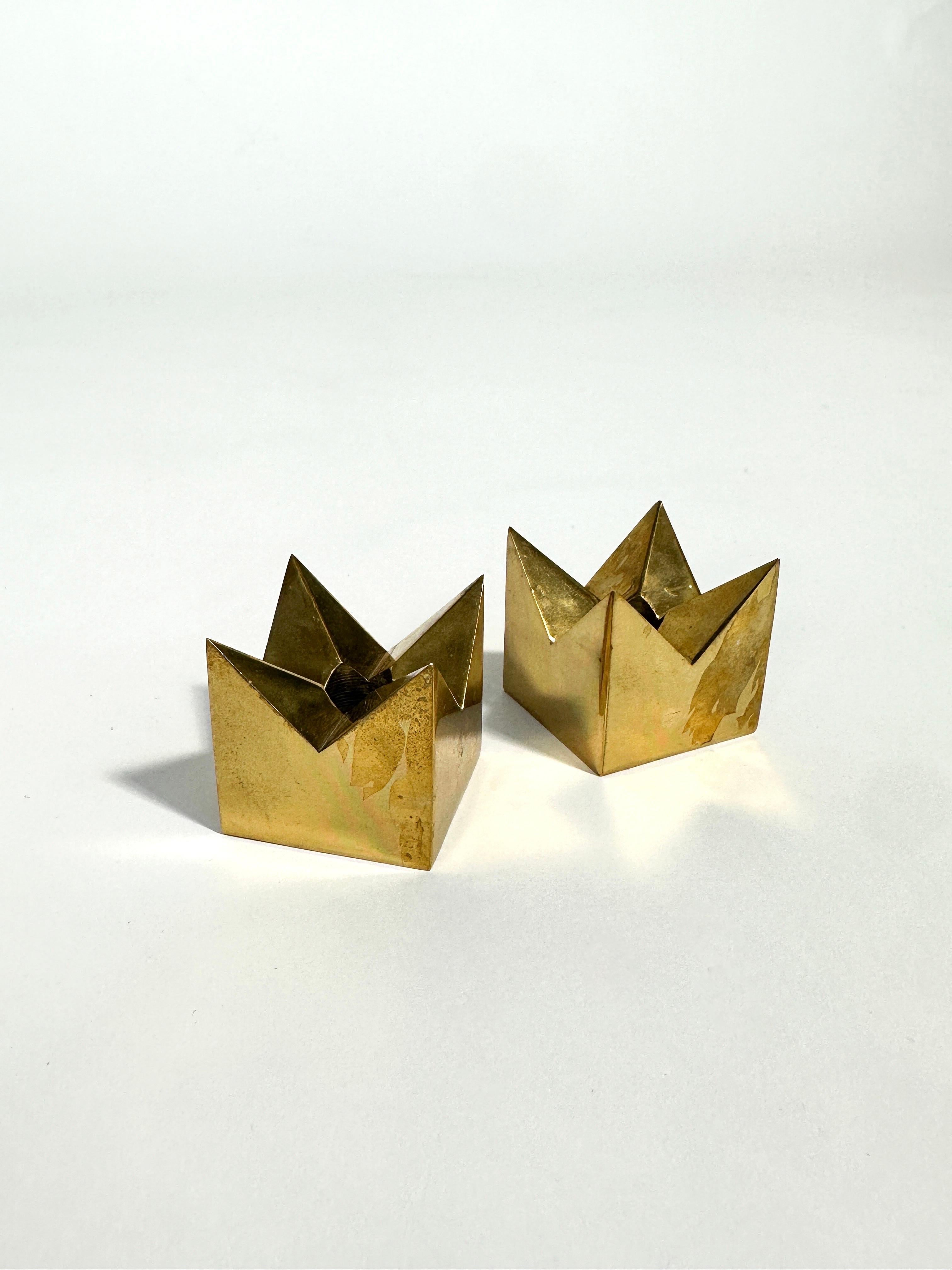 Mid-Century Modern Pair of Pierre Forssell Crown Candle Holders Brass Skultuna Sweden 1970s For Sale