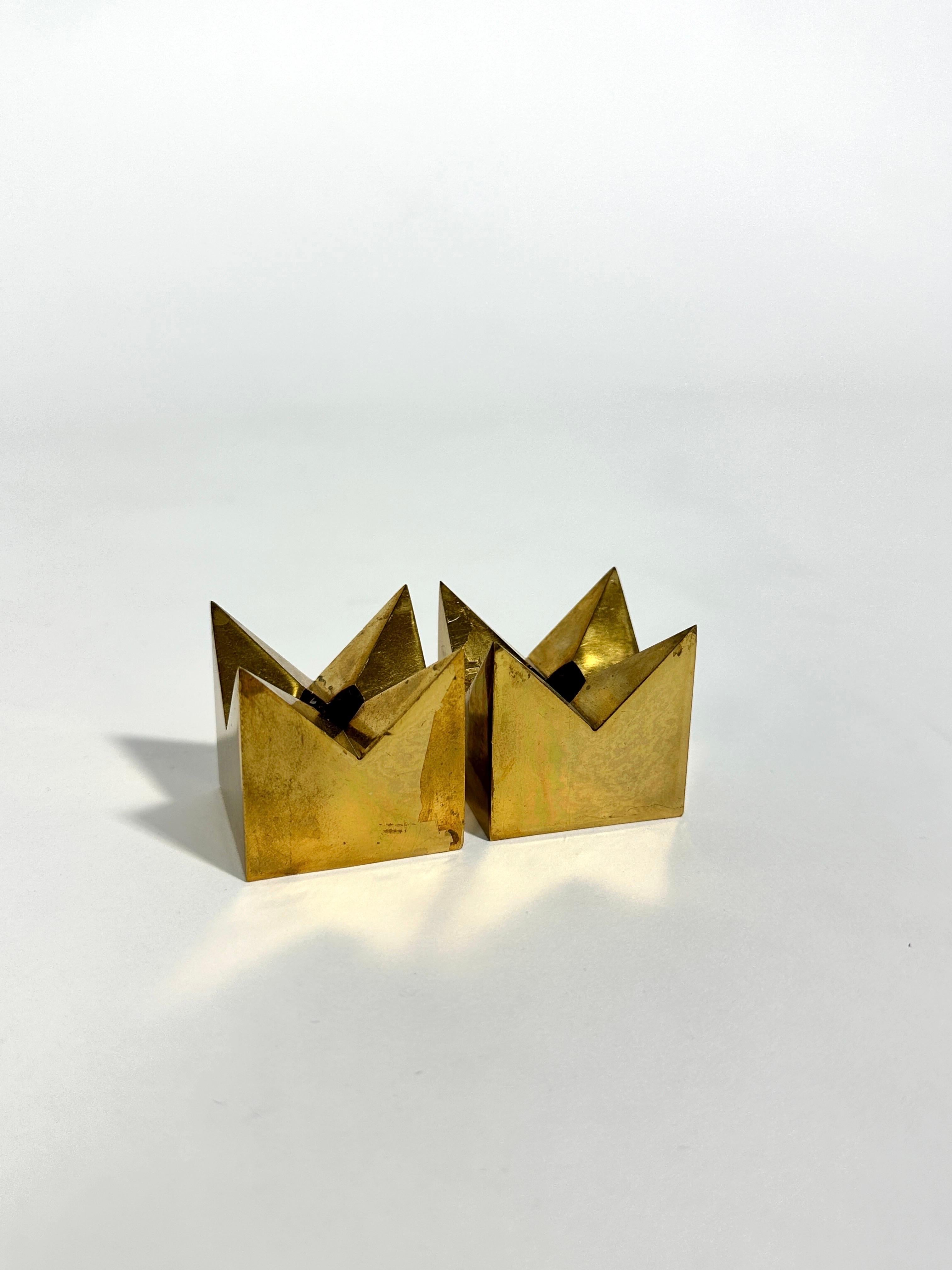 Swedish Pair of Pierre Forssell Crown Candle Holders Brass Skultuna Sweden 1970s For Sale