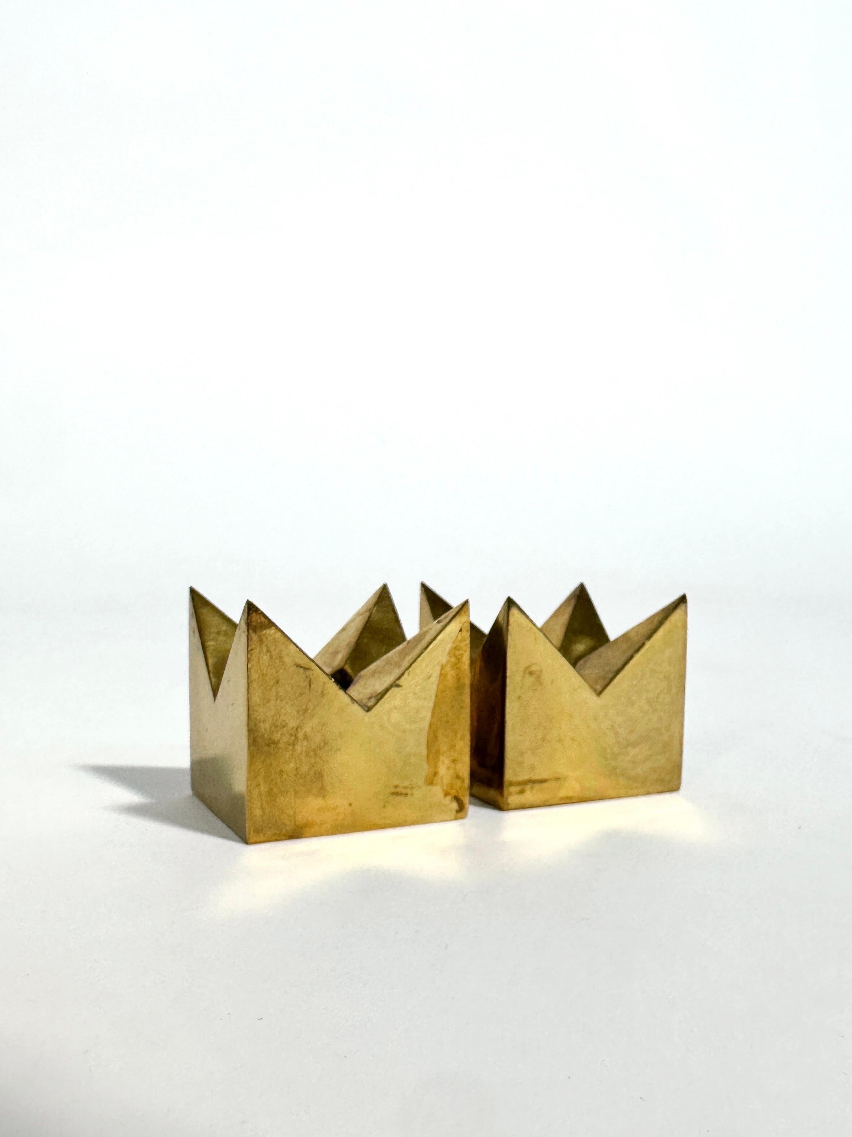 Hand-Crafted Pair of Pierre Forssell Crown Candle Holders Brass Skultuna Sweden 1970s For Sale