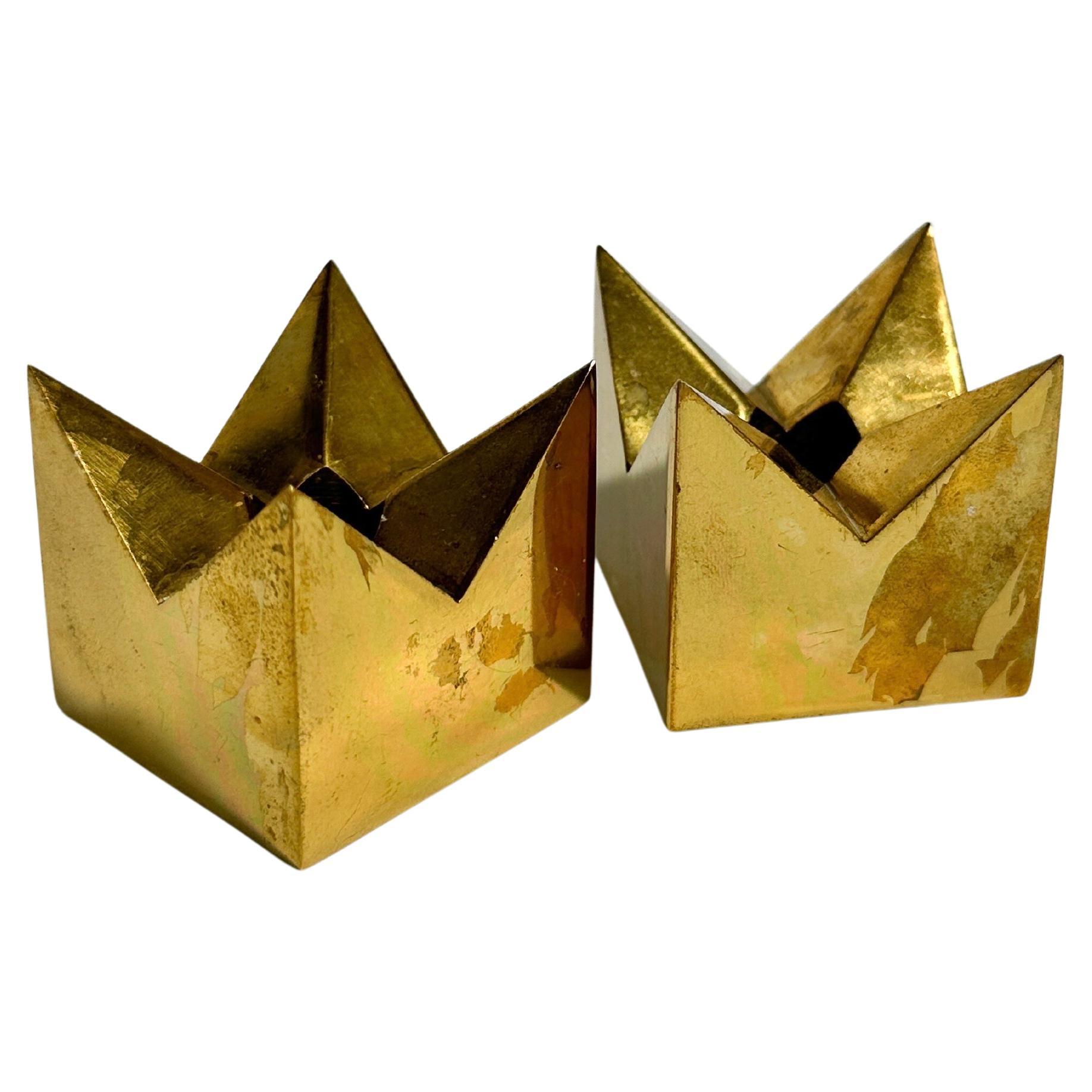 Pair of Pierre Forssell Crown Candle Holders Brass Skultuna Sweden 1970s