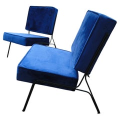 Pair Bleue Velvet Metal Chairs 