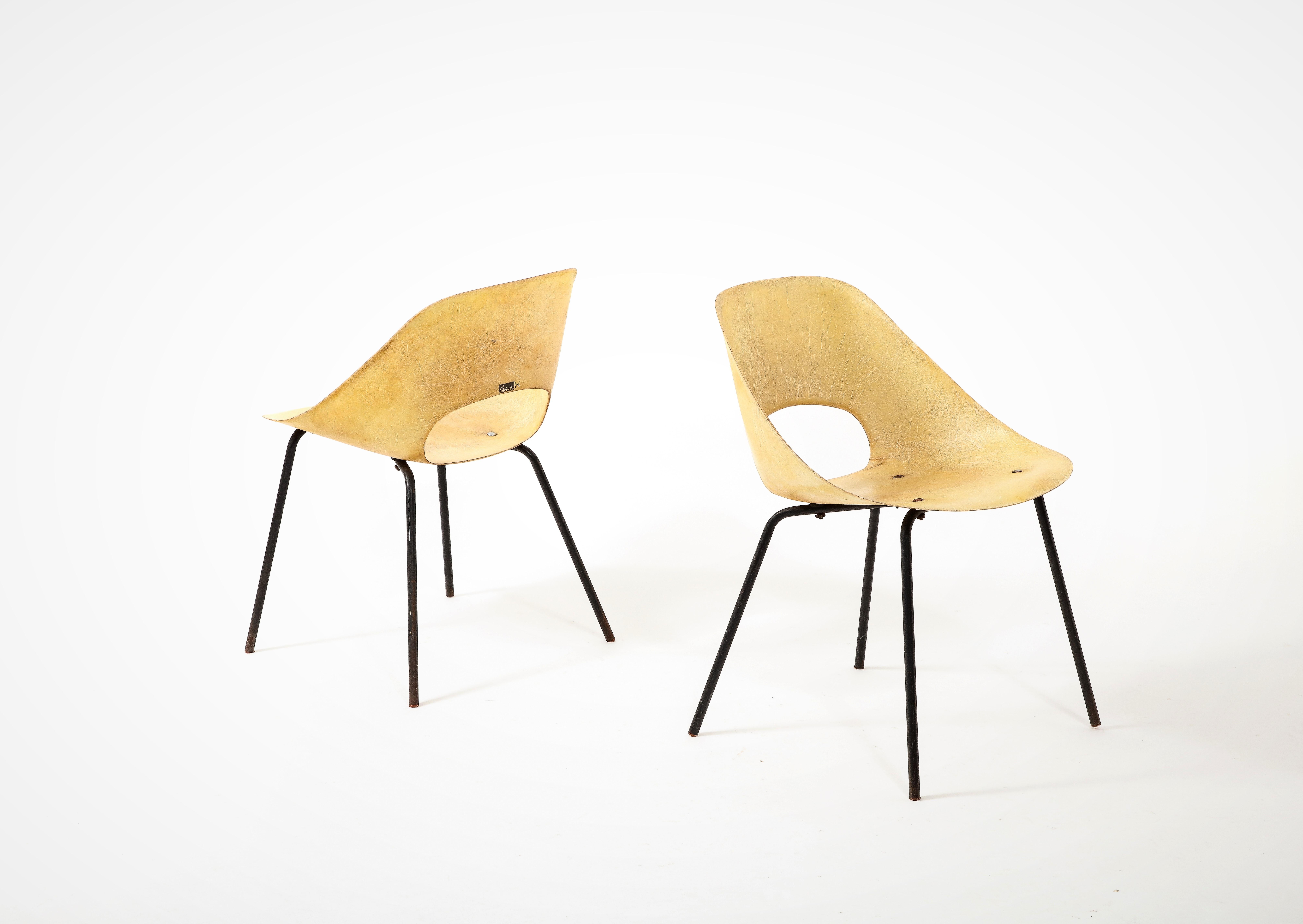 Paire de chaises d'appoint Pierre Guariche en fibre de verre jaune par Steiner, France, années 1950 en vente 1