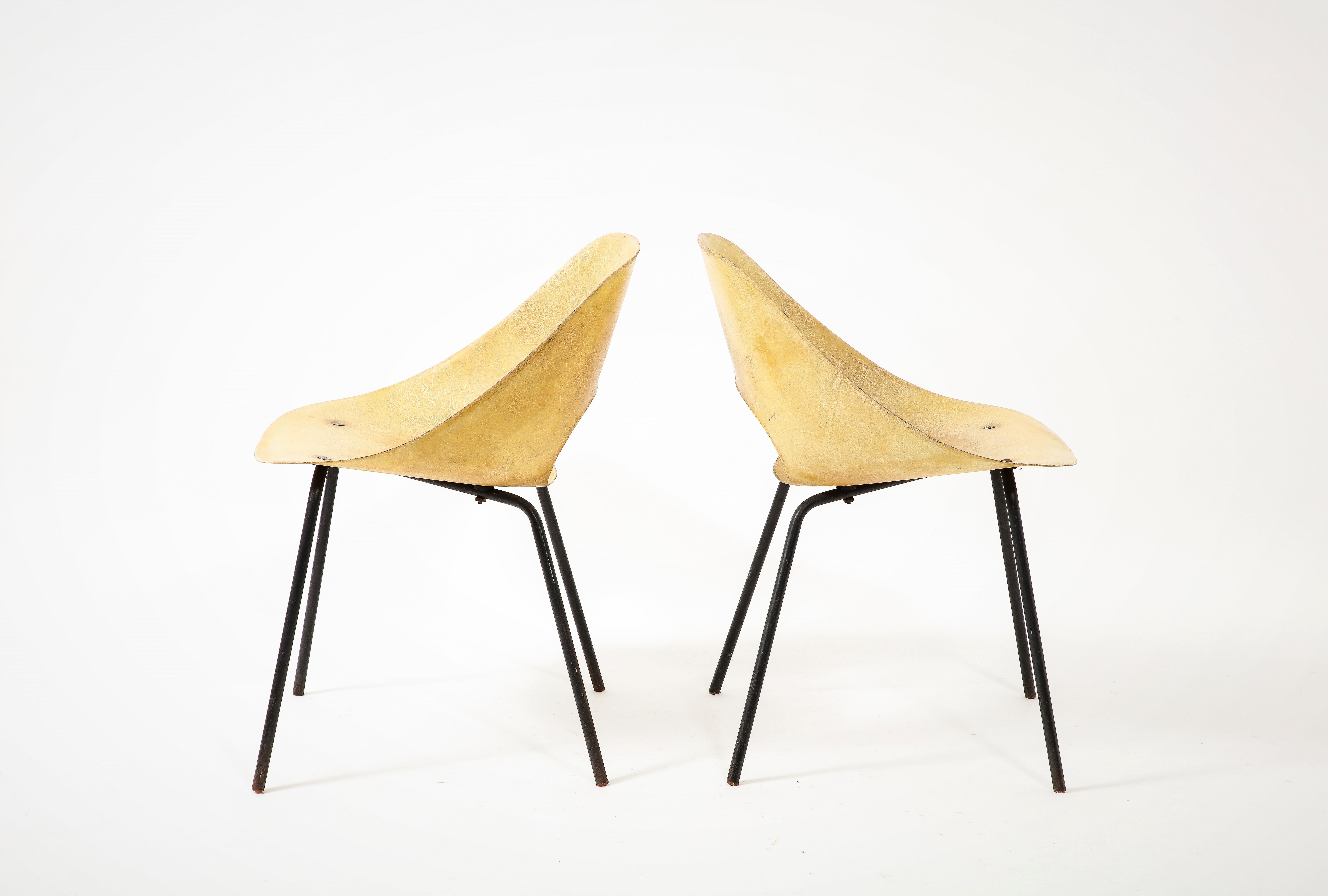 Steel Pair of Pierre Guariche Yellow Fiberglass Side Chairs by Steiner - France 1950's For Sale