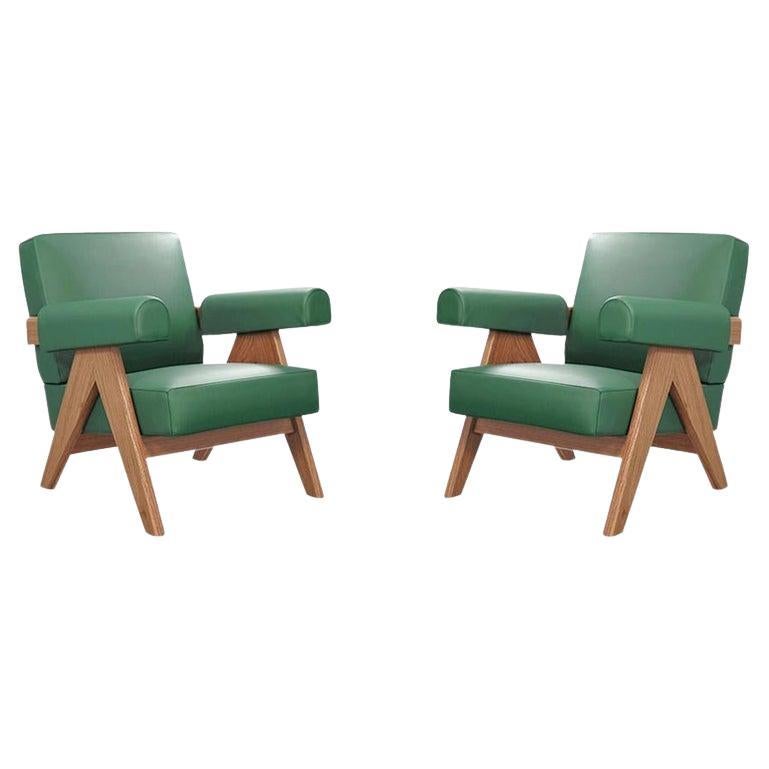 Pair of Pierre Jeanneret 053 Capitol Complex Armchairs for Cassina in green