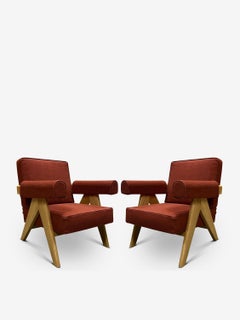 Pair Of Pierre Jeanneret 1960 Capitol Complex Armchair In Lipari Ruggine