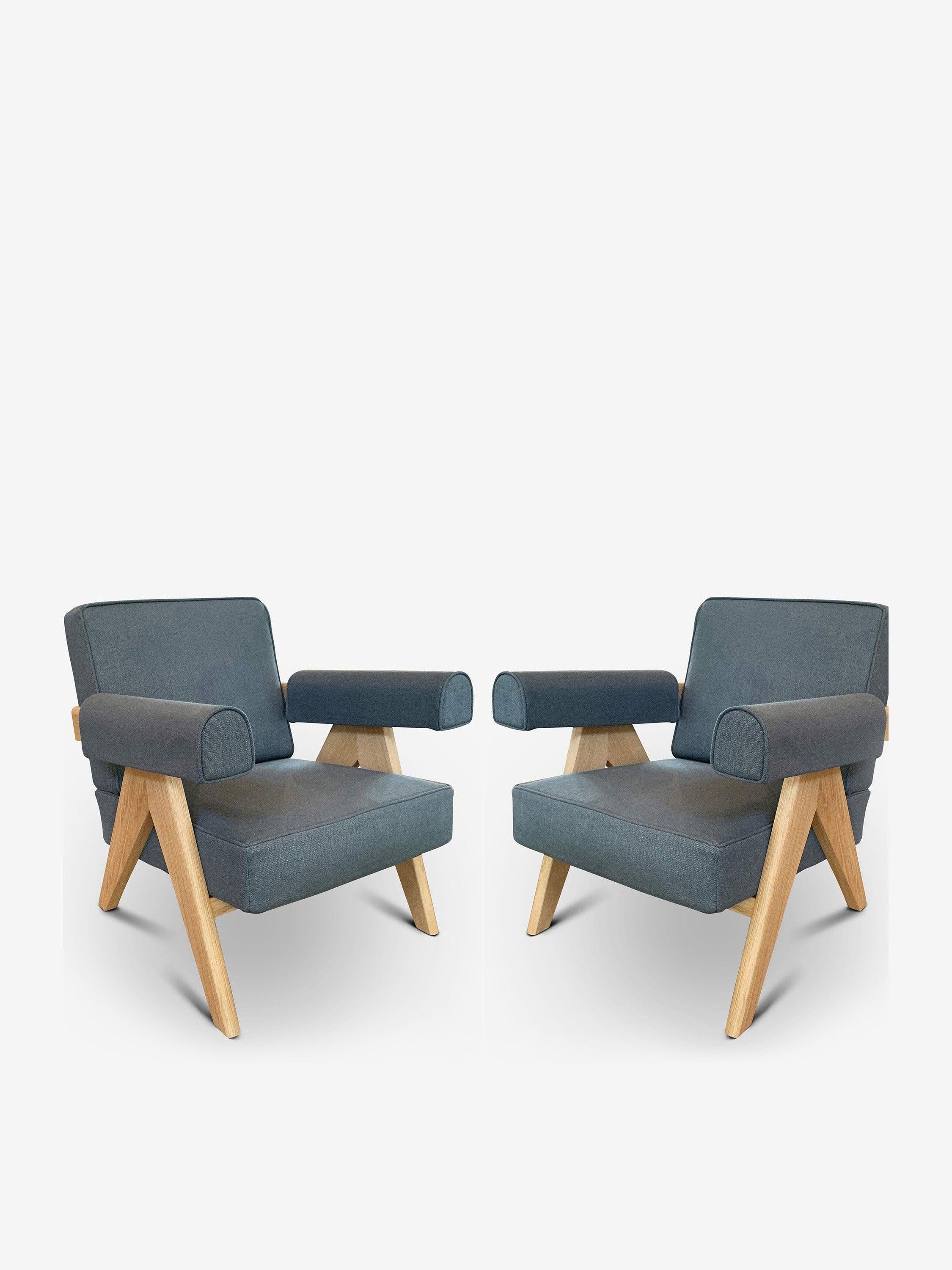 Pareja De Sillones Pierre Jeanneret 1960 Capitol Complex en Roble con Tela Vaquera
