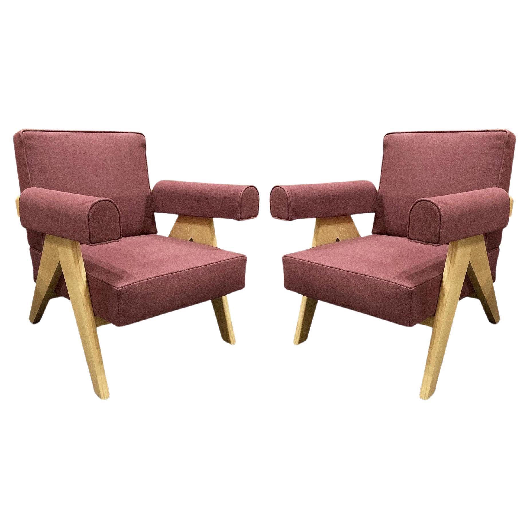 Pair Of Pierre Jeanneret 1960 Capitol Complex Armchair in Oak with Vinaccia