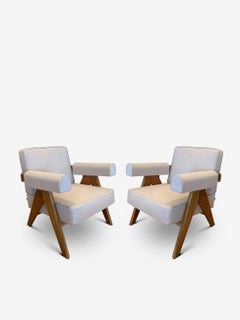 Pair Of Pierre Jeanneret 1960 Capitol Complex Armchair in Teak with Cenere Fabri