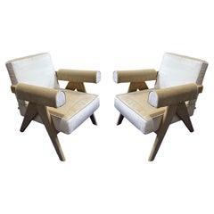 Pair of Pierre Jeanneret 1960 Capitol Complex Armchairs in Osaka Cipria and Oak
