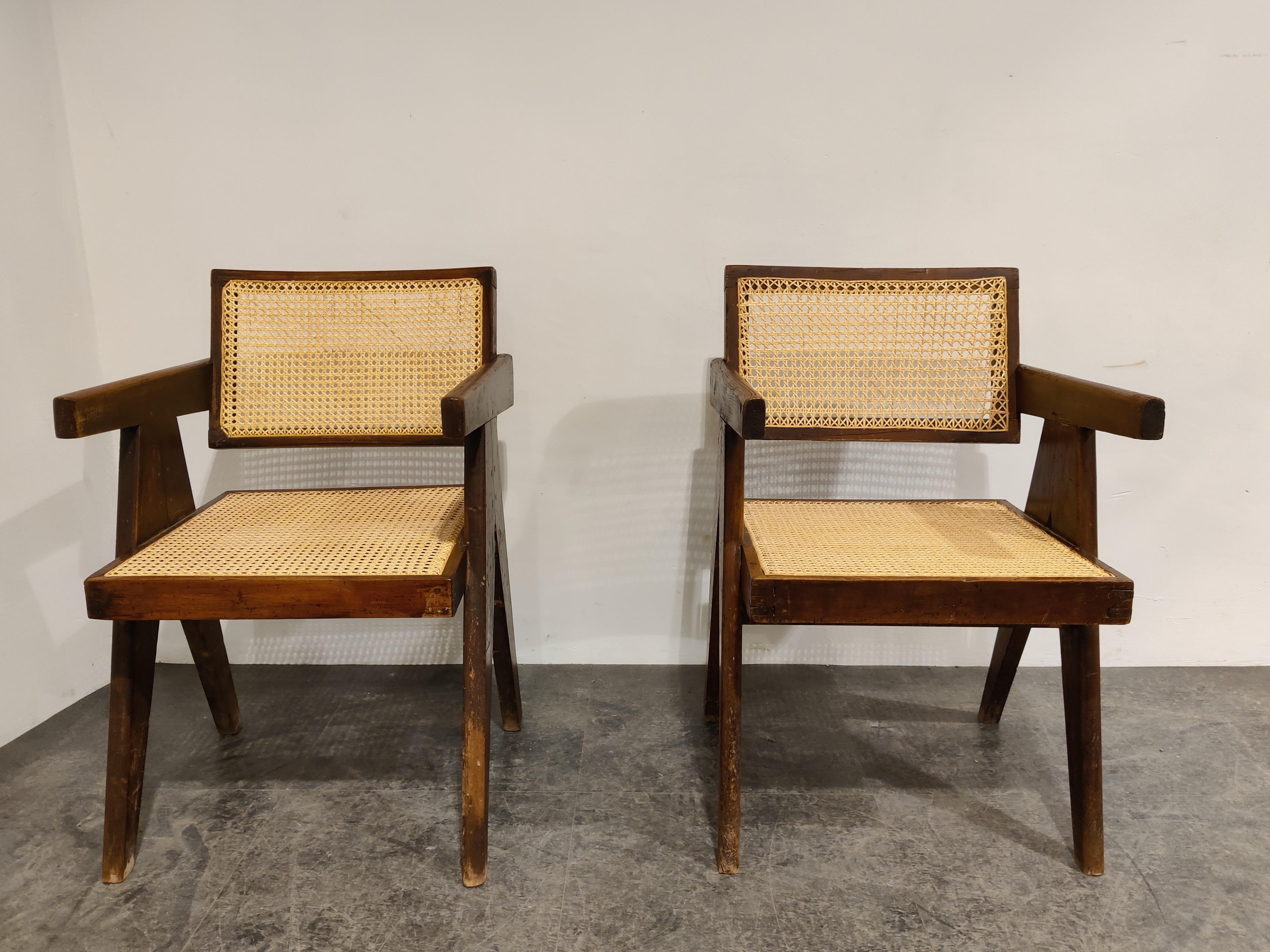 Pair of authentic mid century desk chairs designed by Pierre Jeanneret for the administrative buildings in Chandigarh.

They are historical pieces from an UNESCO World Heritage site, done by the most important architects from the 20th