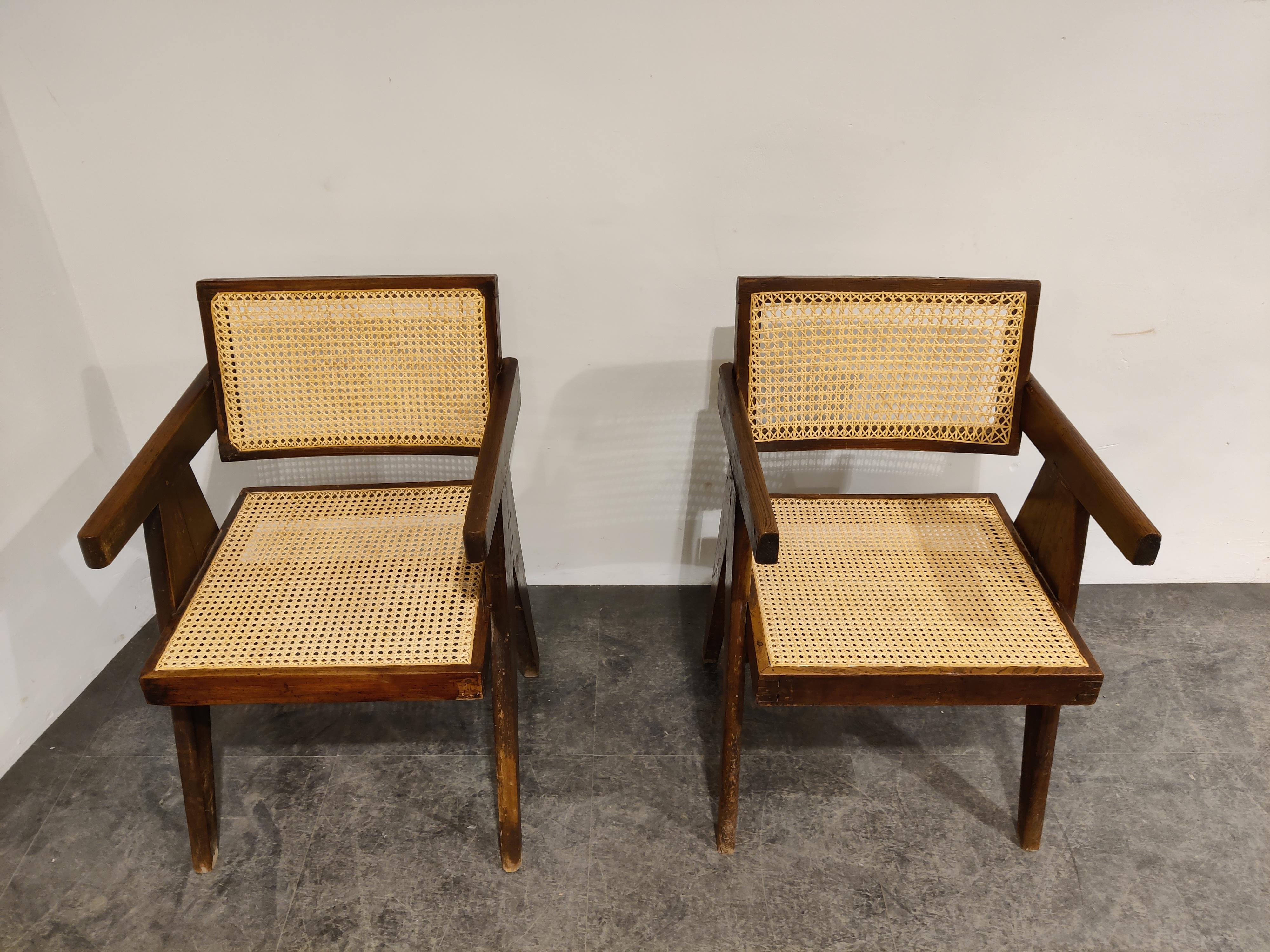 Mid-Century Modern Pair of Pierre Jeanneret Chandigarh Office Cane Chairs, 1950s