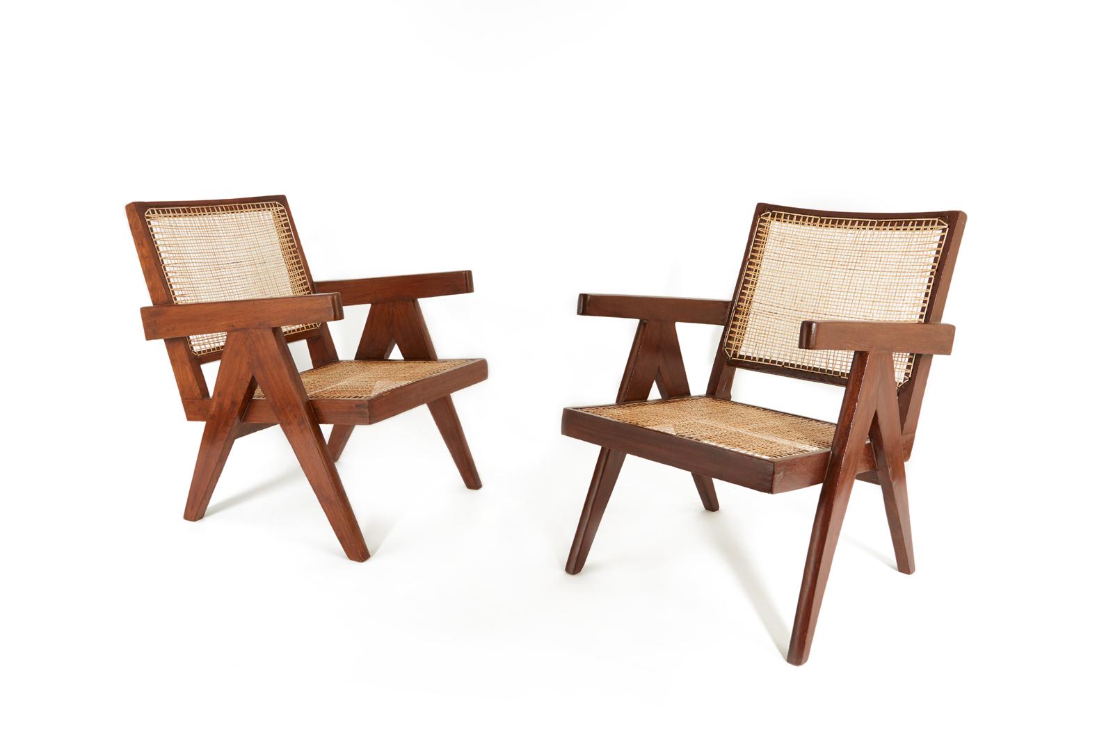 Pair of easy chairs from the administrative offices of Chandigarh (PJ-SI-29-A). Restored and recaned in natural cane. Cushions not available.
  