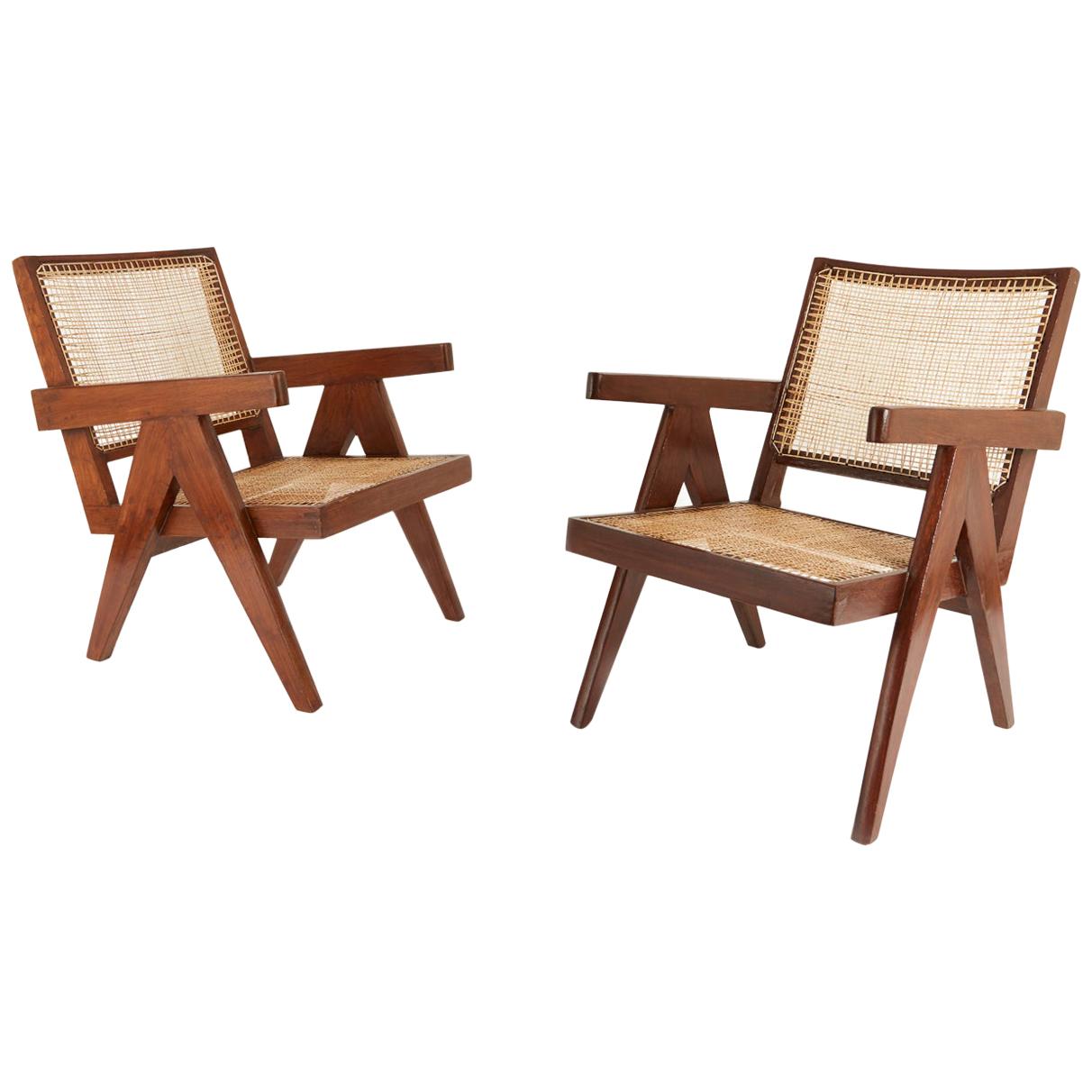 Pair of Pierre Jeanneret Easy Chairs with Rare Stencil Marks For Sale