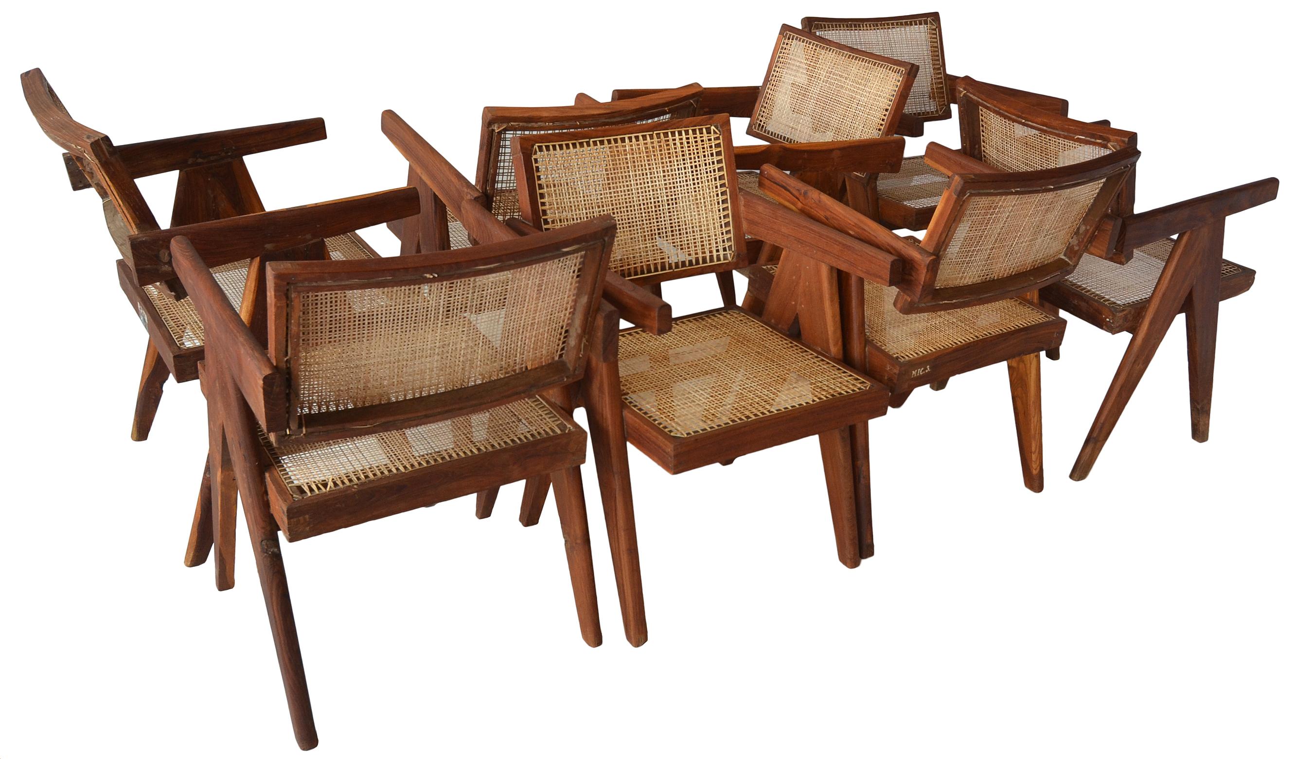 A terrific matching set of 8 floating back armchairs by Pierre Jeanneret for the Chandigarh Project.

These examples are rather desirable as they are executed in Indian rosewood or Sissoo wood. 

Many have remnants of existing stencilling