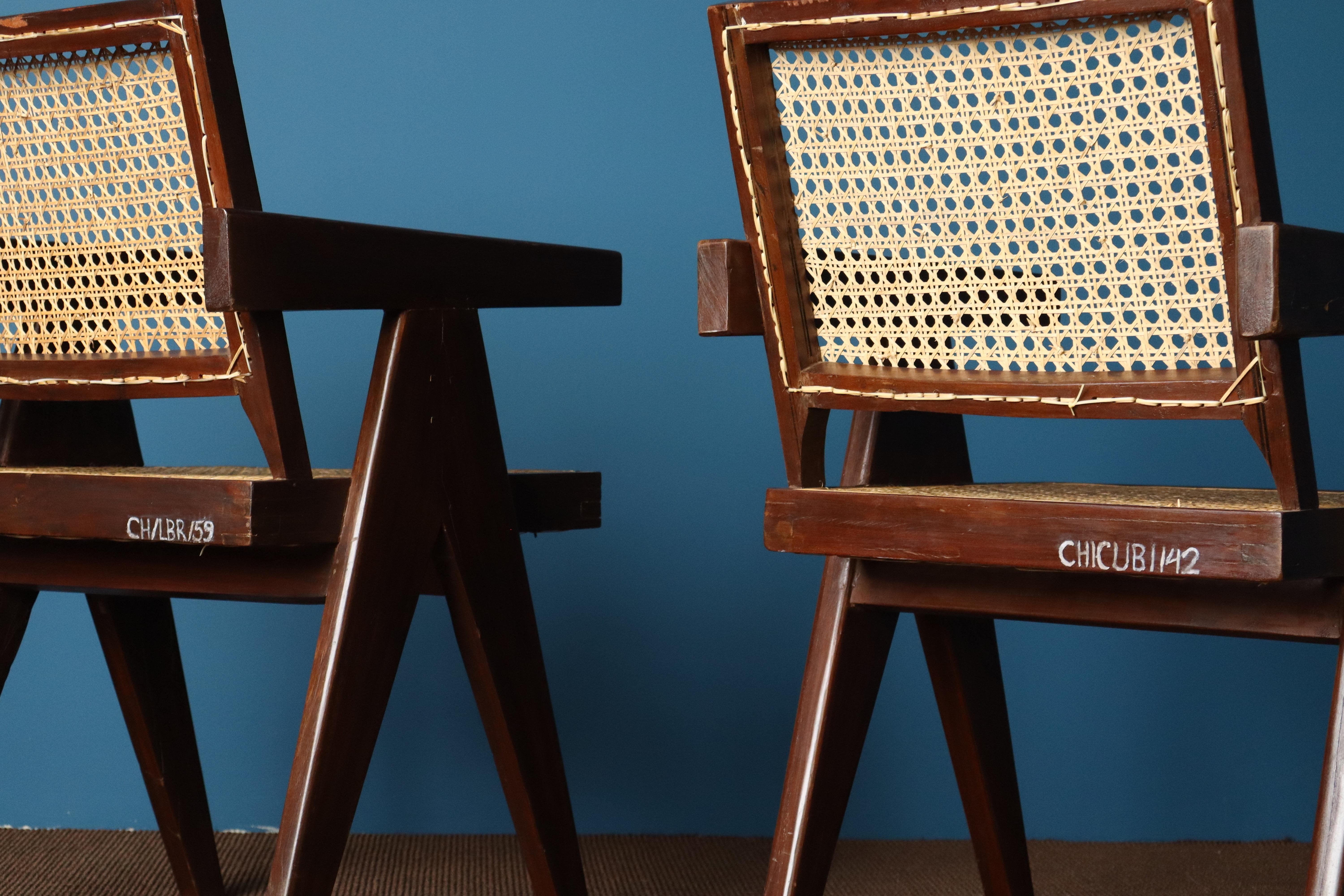 Brutalist Pair of Pierre Jeanneret Office Chairs with Serial Codes, Chandigarh, 1950s For Sale