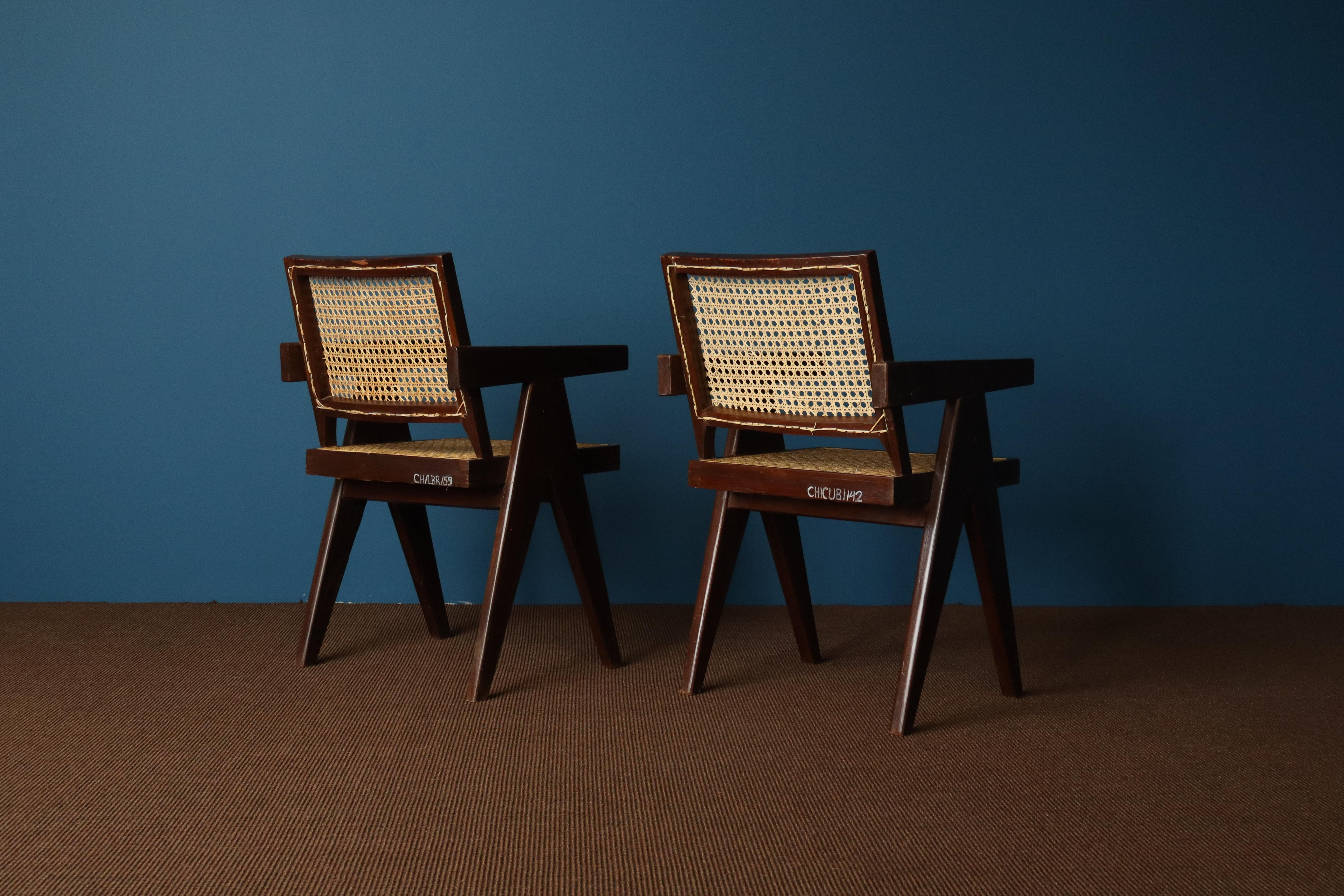 Indian Pair of Pierre Jeanneret Office Chairs with Serial Codes, Chandigarh, 1950s For Sale