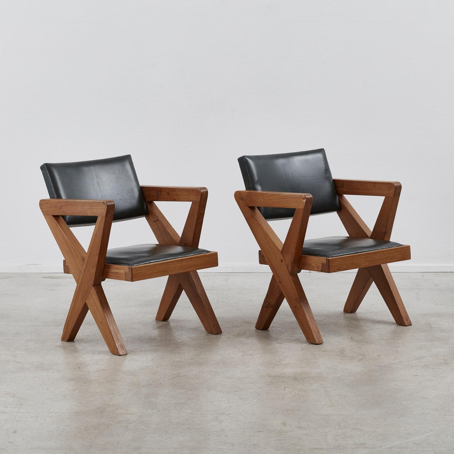 Geneva-born architect Pierre Jeanneret (b.1896–1967) is best known for his decades-long collaboration with Le Corbusier, particularly their work on the city of Chandigarh in India. 

Designed around 1960, this pair of Showroom armchairs, model no.