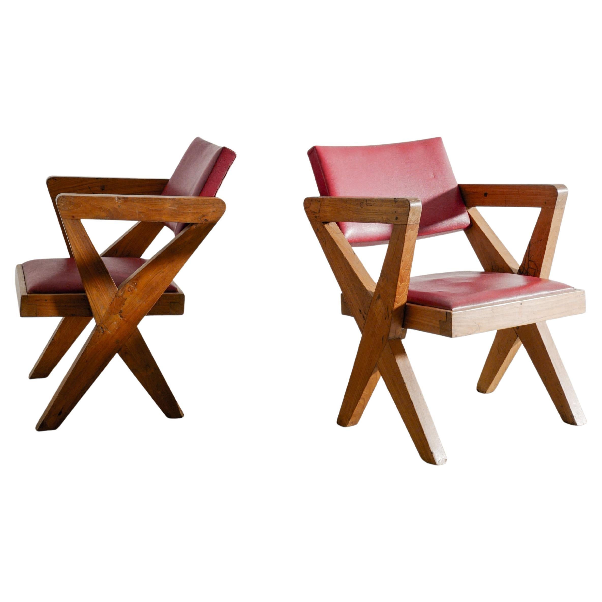 Pair of Pierre Jeanneret X-Armchairs in Teak & Leather for Chandigarh, 1950s