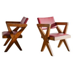 Pair of Pierre Jeanneret X-Armchairs in Teak & Leather for Chandigarh, 1950s