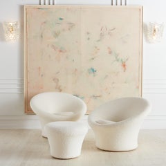 Pair of Pierre Paulin Mushroom Lounge Chairs & Stool in Italian Ivory Boucle