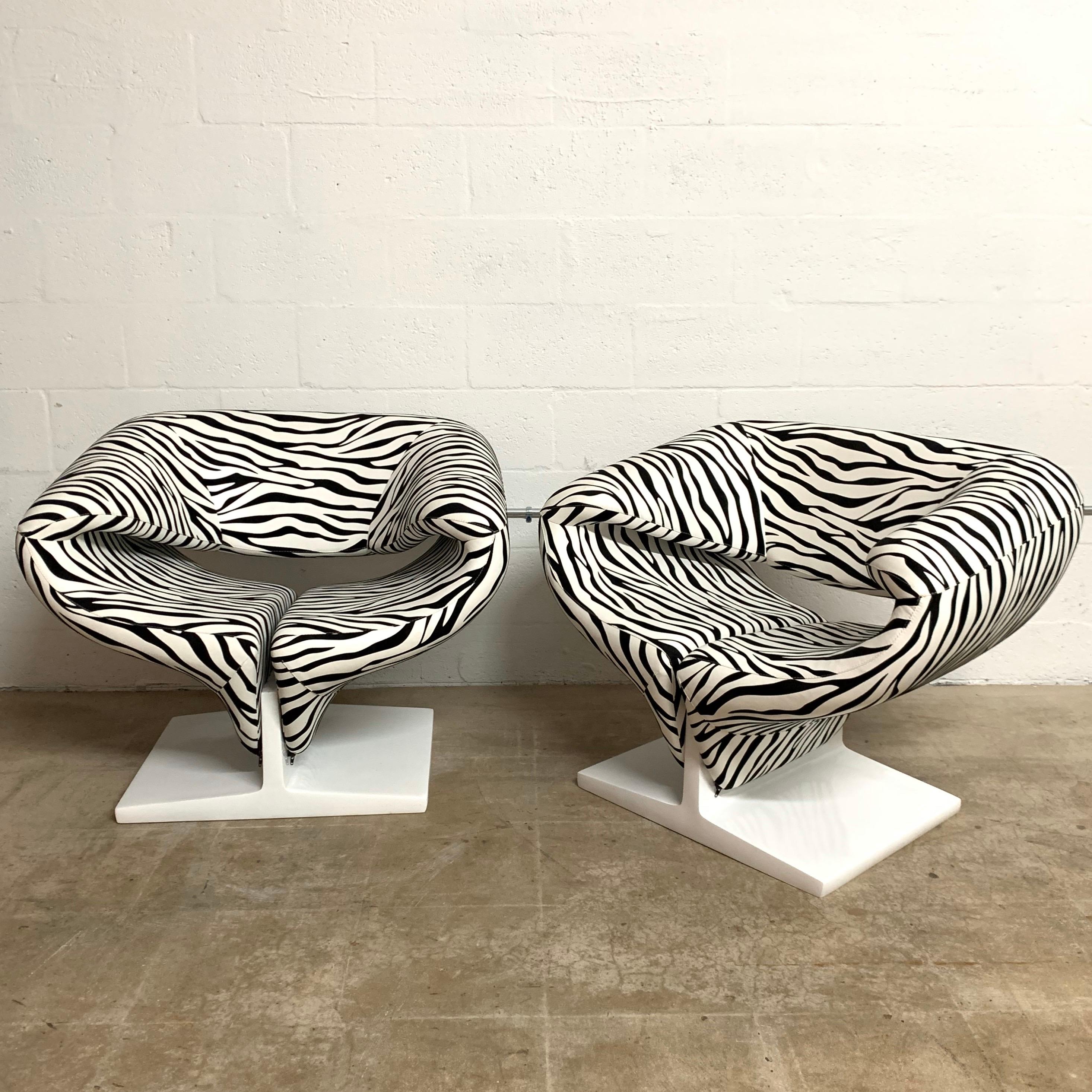 Set of two sculptural Ribbon chairs rendered in Zebra fabric with a white lacquered pressed wood base, designed by Pierre Paulin for Artifort, Netherlands, 1966.