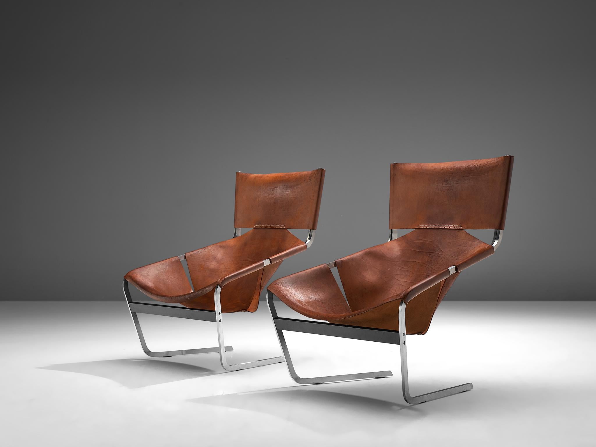 Mid-Century Modern Pair of Pierre Paulin's F-444 Easy Chair in Patinated Cognac Leather