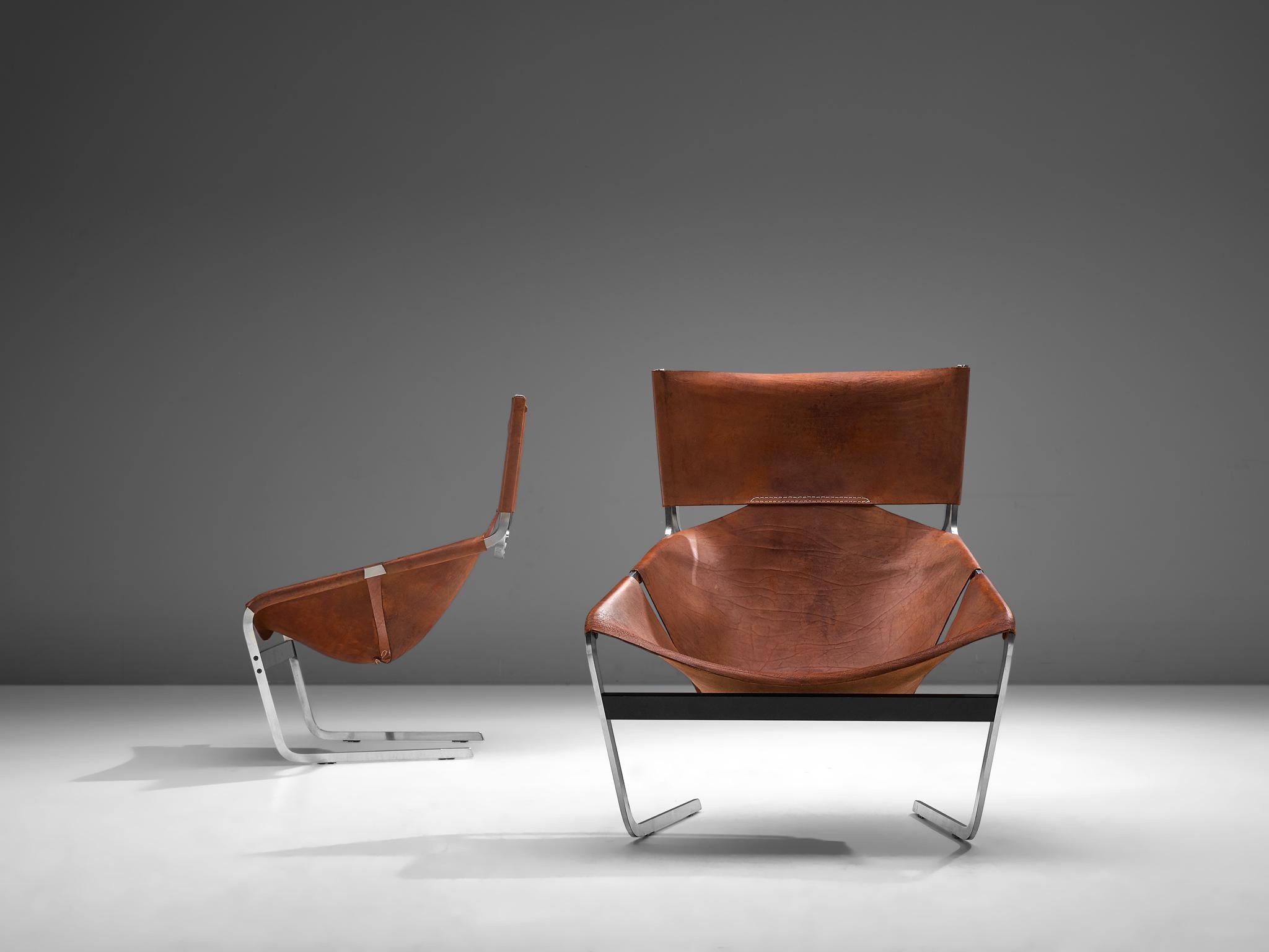 Dutch Pair of Pierre Paulin's F-444 Easy Chair in Patinated Cognac Leather