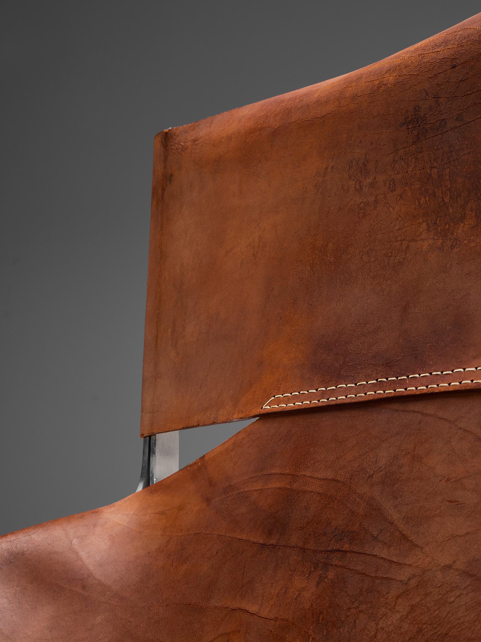 Metal Pair of Pierre Paulin's F-444 Easy Chair in Patinated Cognac Leather