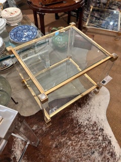 Pair of Pierre Vandel Lucite and Gilded Metal with Beveled Glass Side Tables