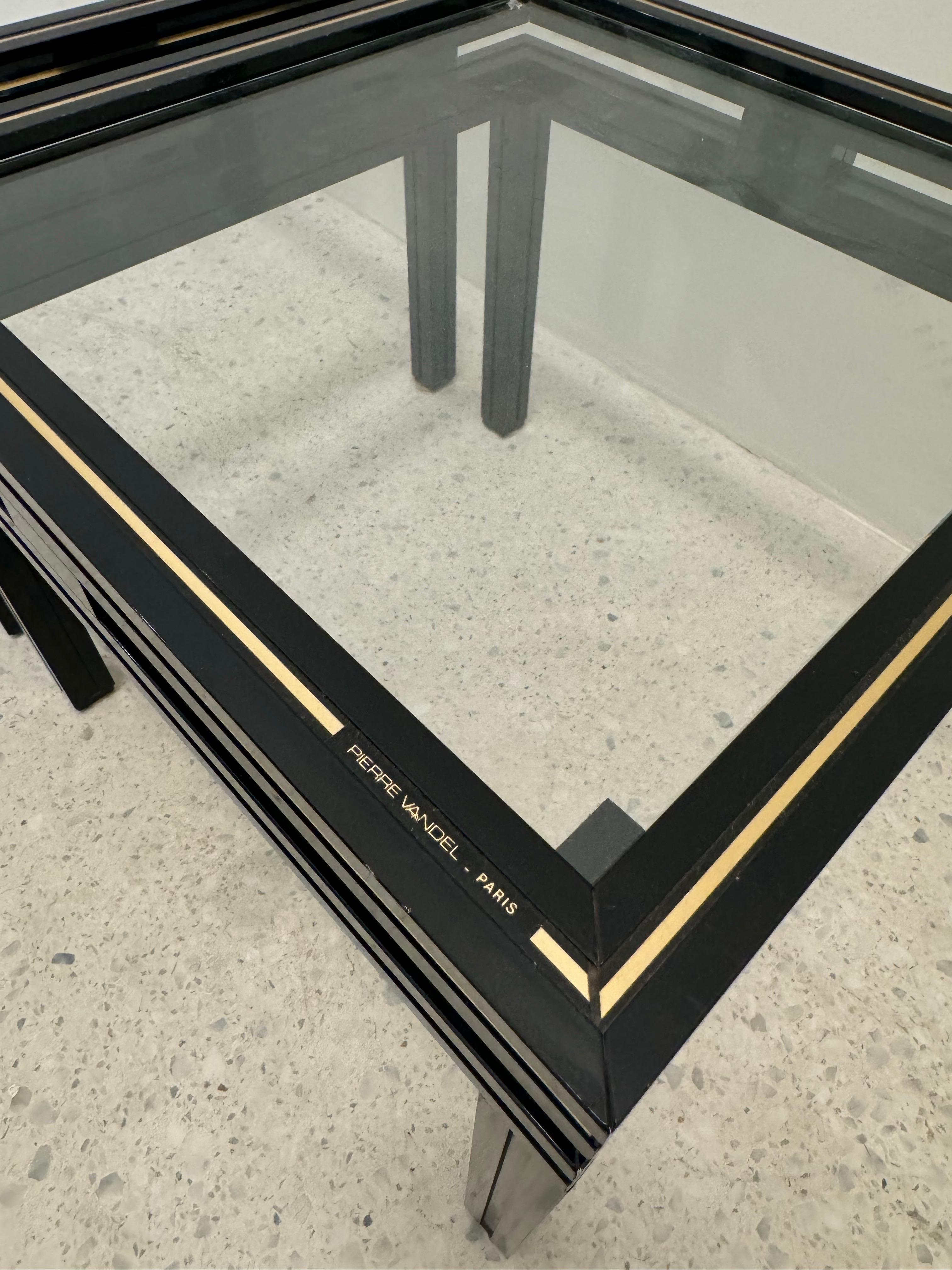 Mid-Century Modern Pair of Pierre Vandel Paris Black and Brass Side Tables, 1970s For Sale