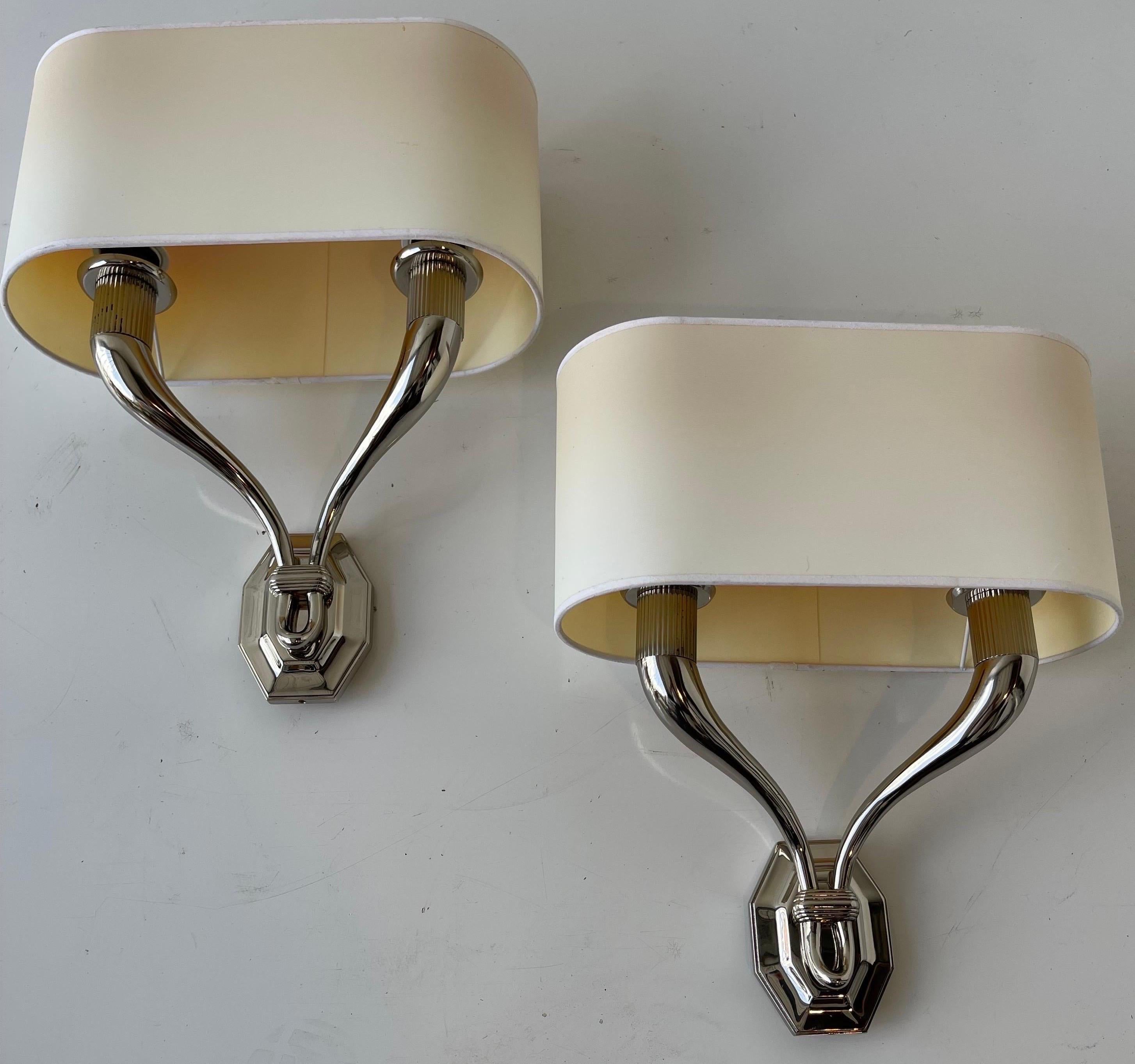 Pair of Pierre Yves Rochon nickel plated brass French sconces.
Specially made for a prestigious palace in Paris.
In the style of Rulhman.
US rewired and in working condition.
2 Sockets. 60 watts max bulb.
5 Pairs available.