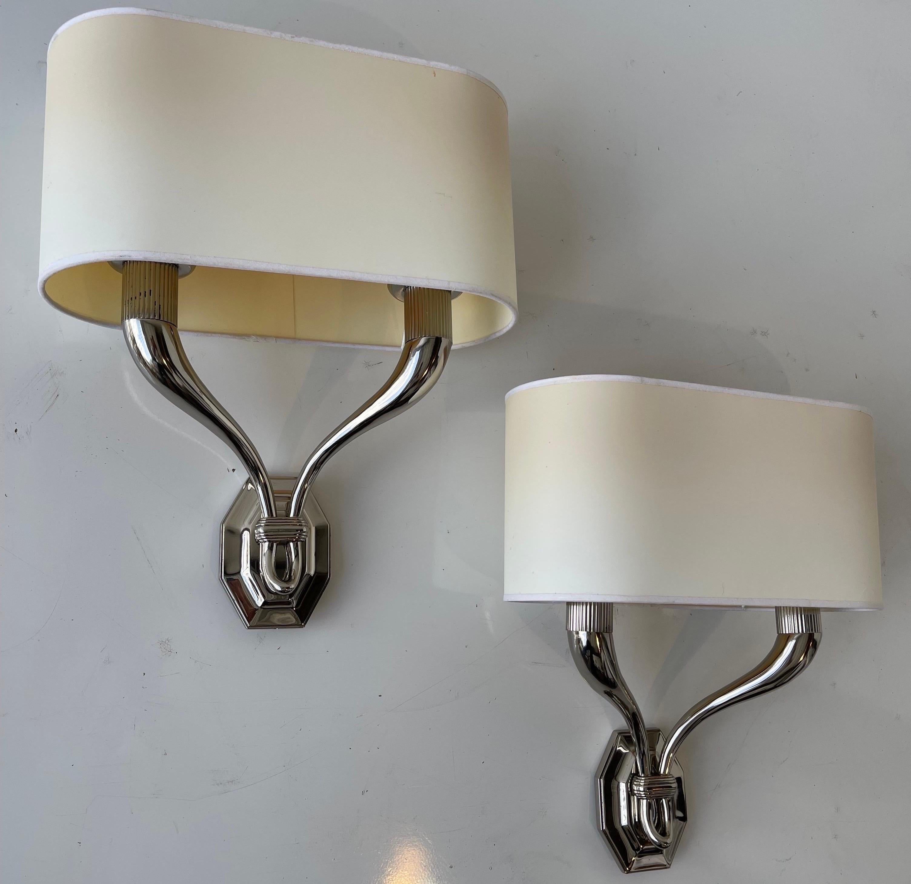 Art Deco Pair of Pierre Yves Rochon Nickel Plated Brass French Sconces For Sale