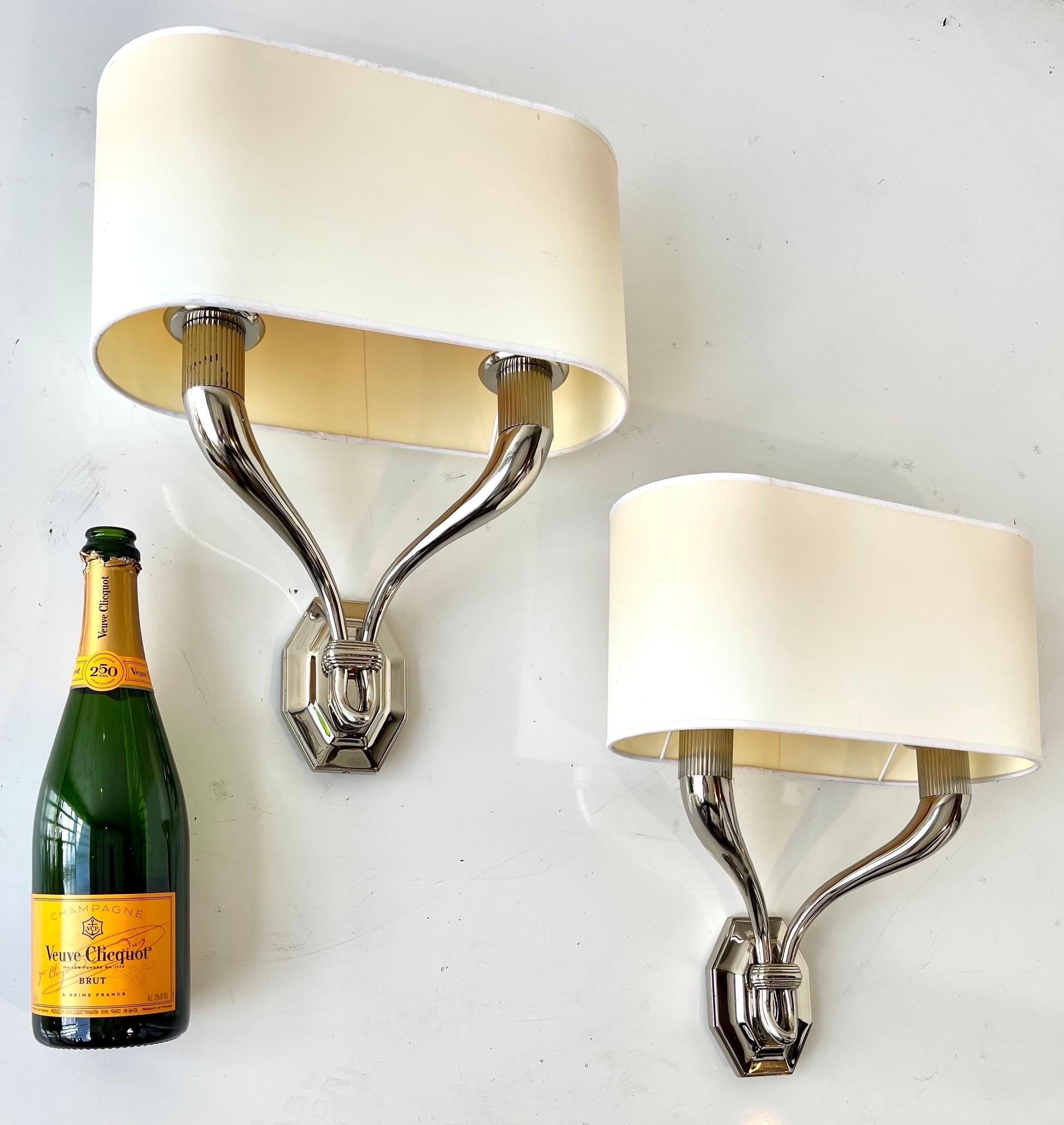 Late 20th Century Pair of Pierre Yves Rochon Nickel Plated Brass French Sconces For Sale