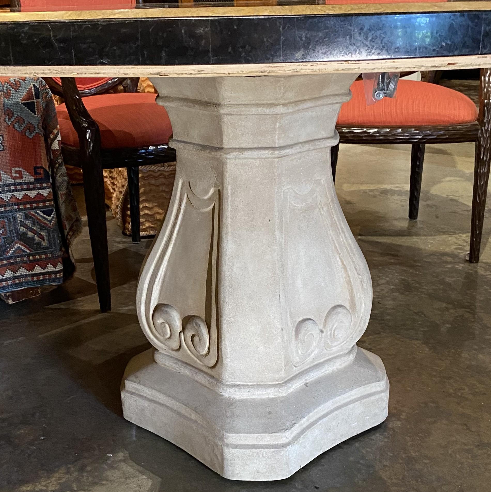 Pair of Pietra Dura & Brass Inlay Top Round Pedestal Tables w/ Composition Bases For Sale 5