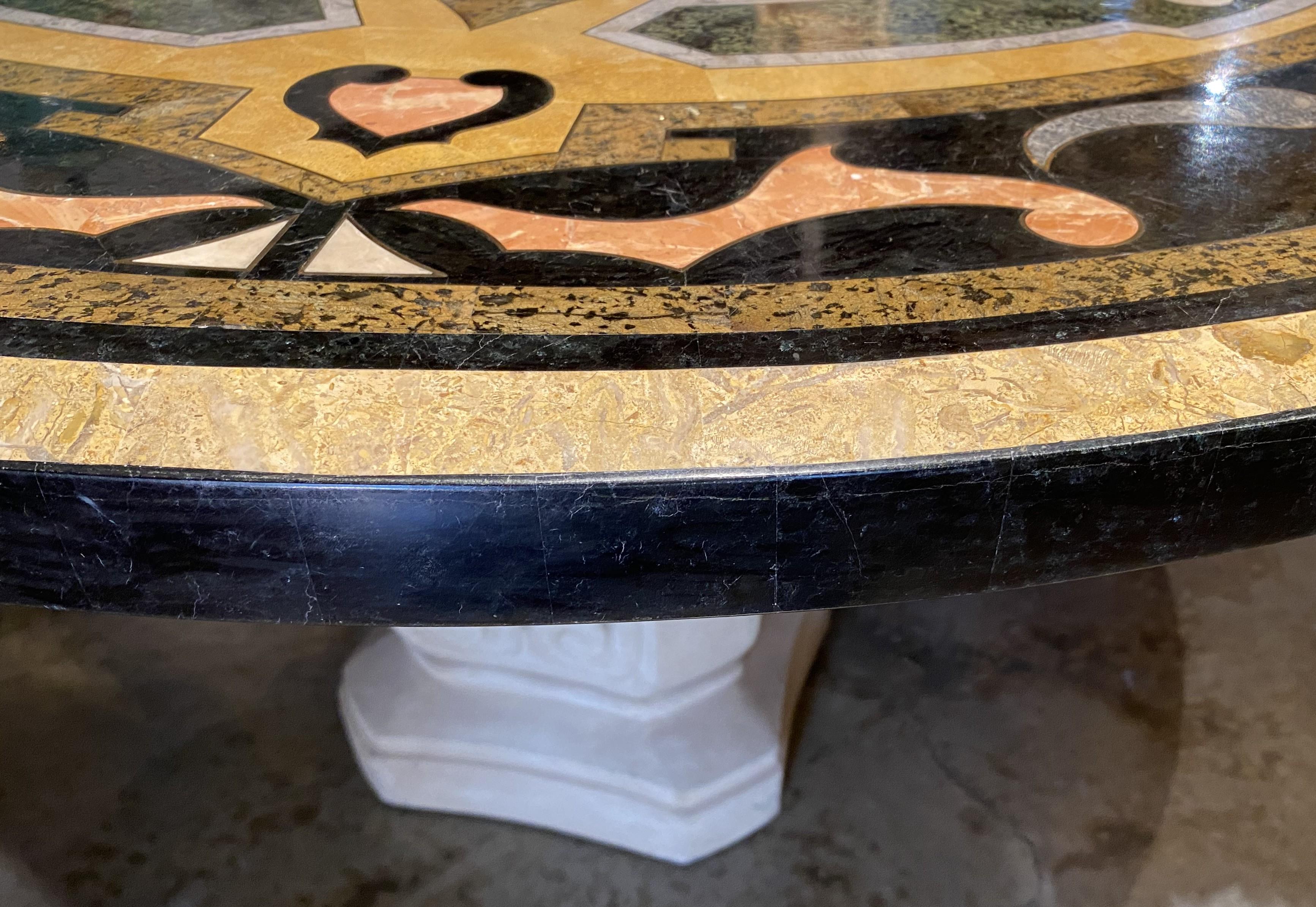 Pair of Pietra Dura & Brass Inlay Top Round Pedestal Tables w/ Composition Bases For Sale 10