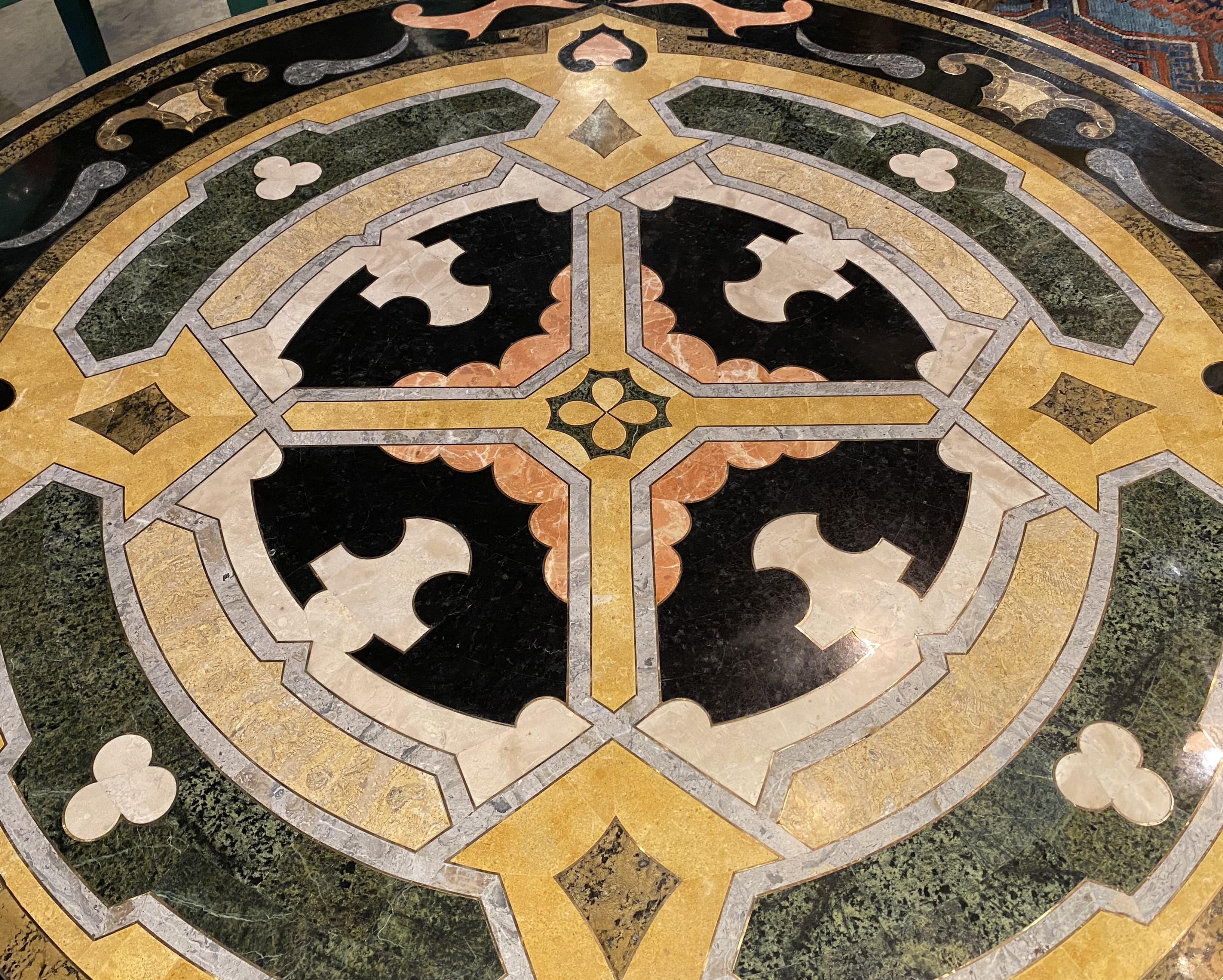 Hand-Carved Pair of Pietra Dura & Brass Inlay Top Round Pedestal Tables w/ Composition Bases For Sale