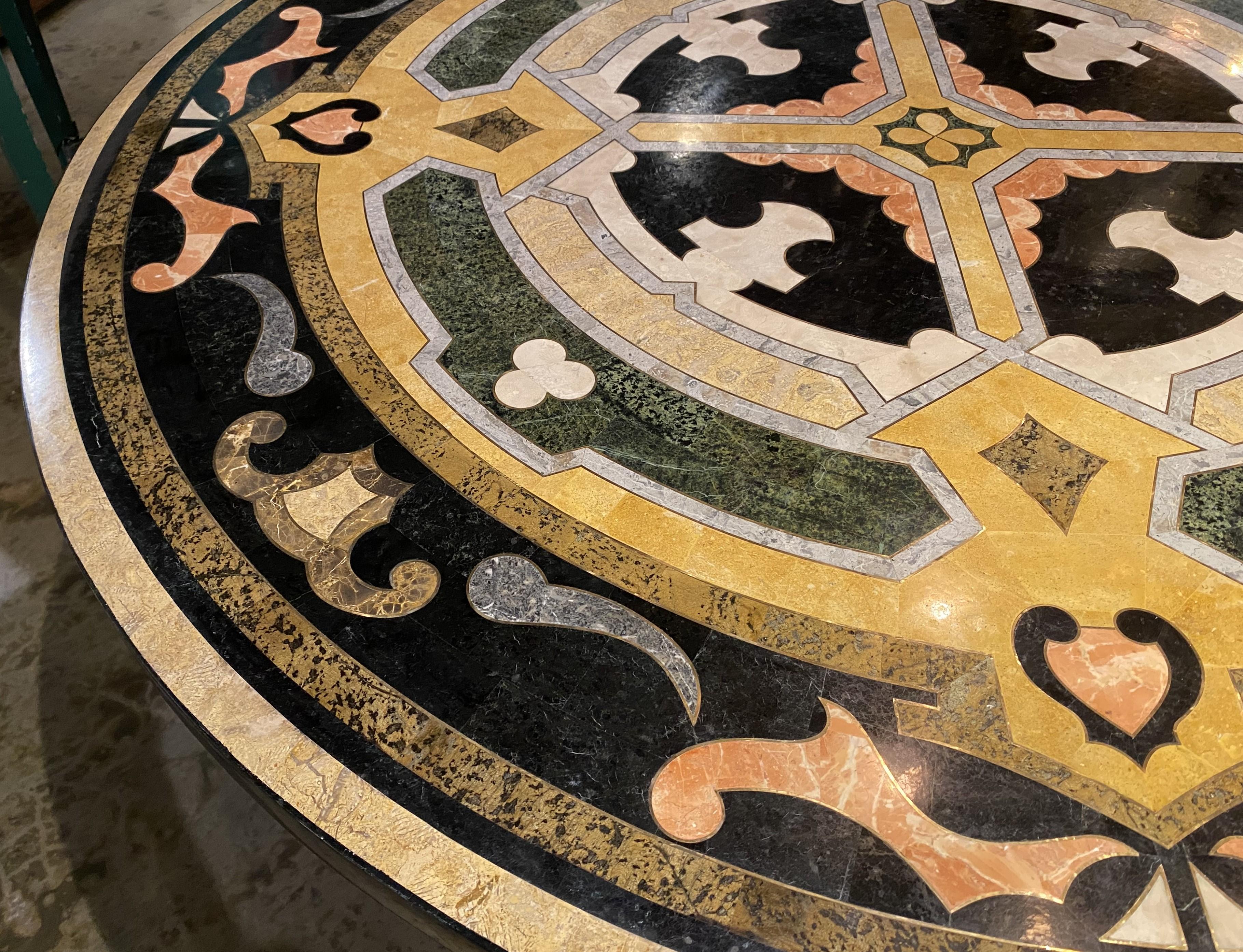Pair of Pietra Dura & Brass Inlay Top Round Pedestal Tables w/ Composition Bases In Good Condition For Sale In Milford, NH