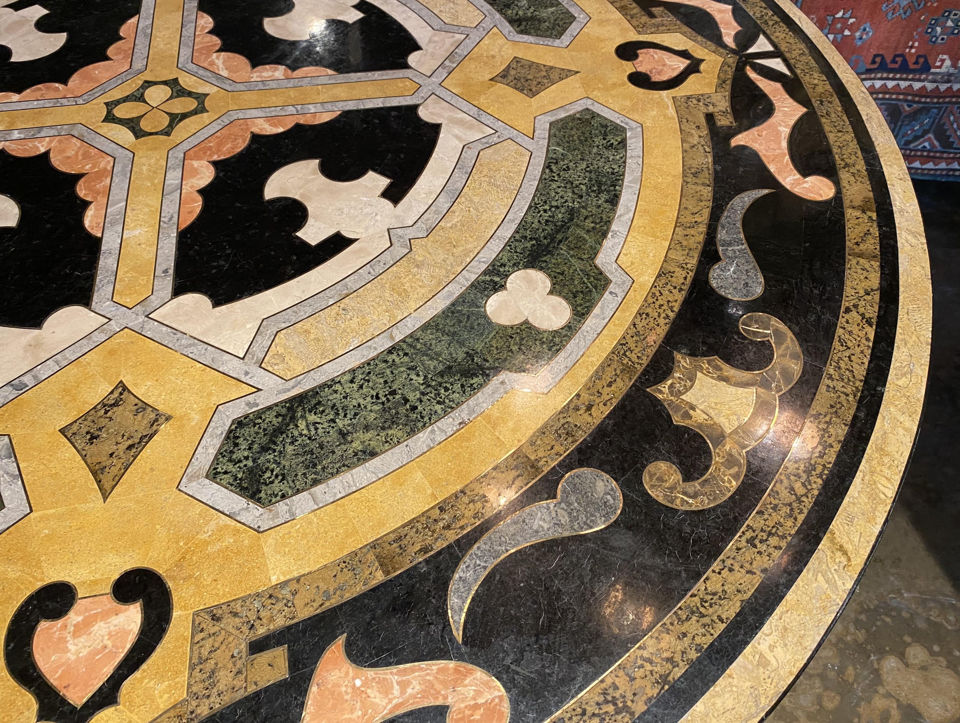 20th Century Pair of Pietra Dura & Brass Inlay Top Round Pedestal Tables w/ Composition Bases For Sale