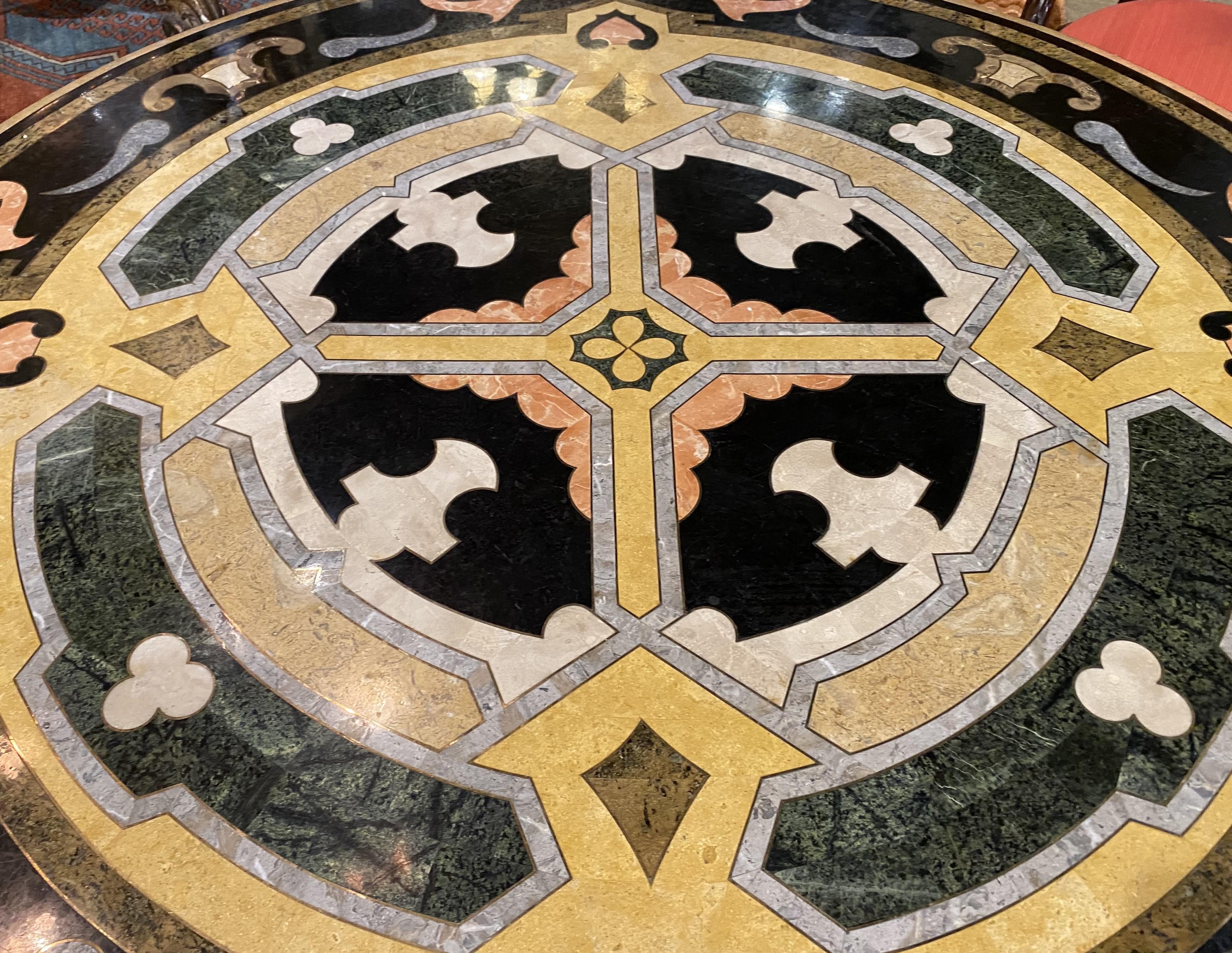 Pair of Pietra Dura & Brass Inlay Top Round Pedestal Tables w/ Composition Bases For Sale 1
