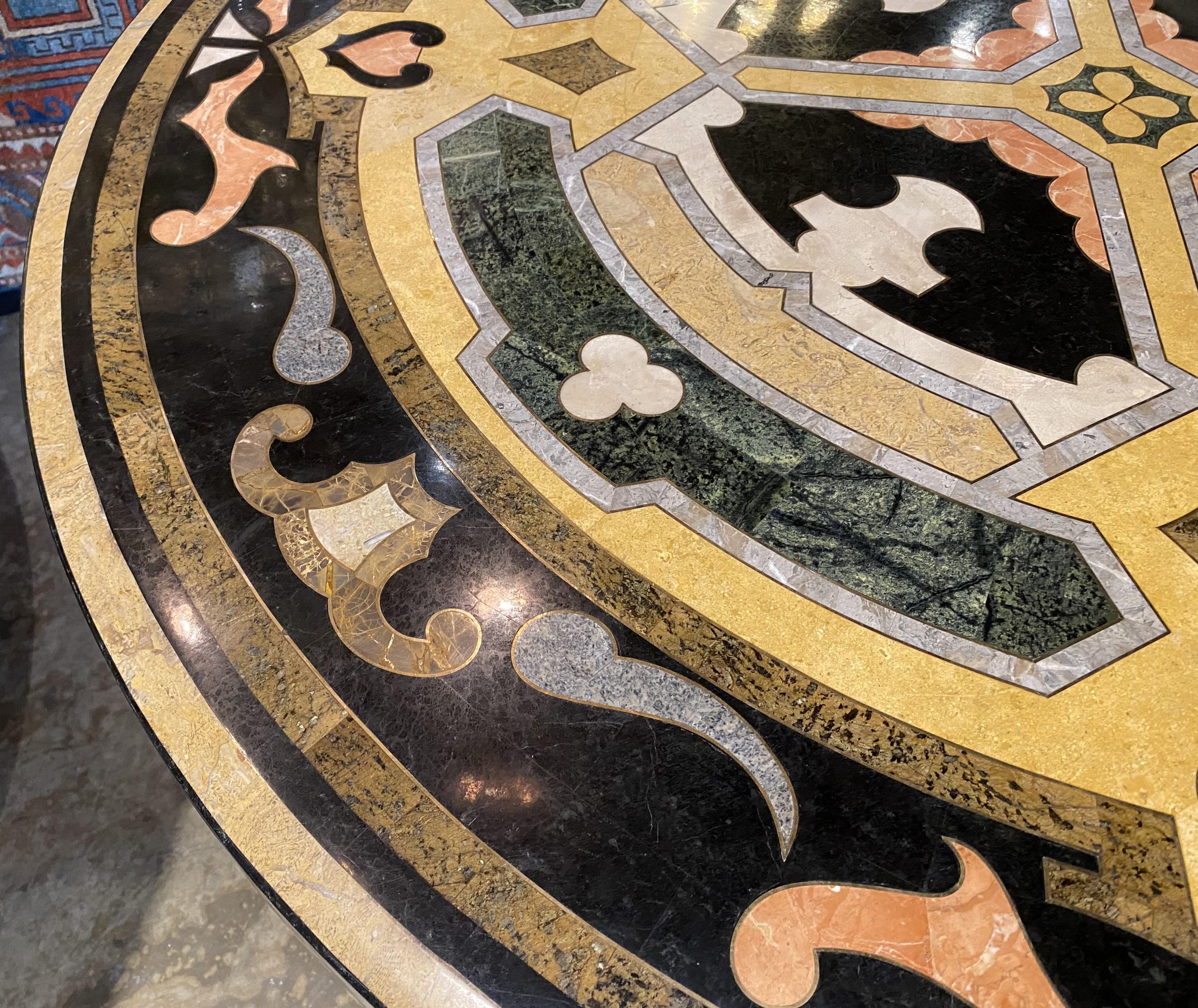 Pair of Pietra Dura & Brass Inlay Top Round Pedestal Tables w/ Composition Bases For Sale 2