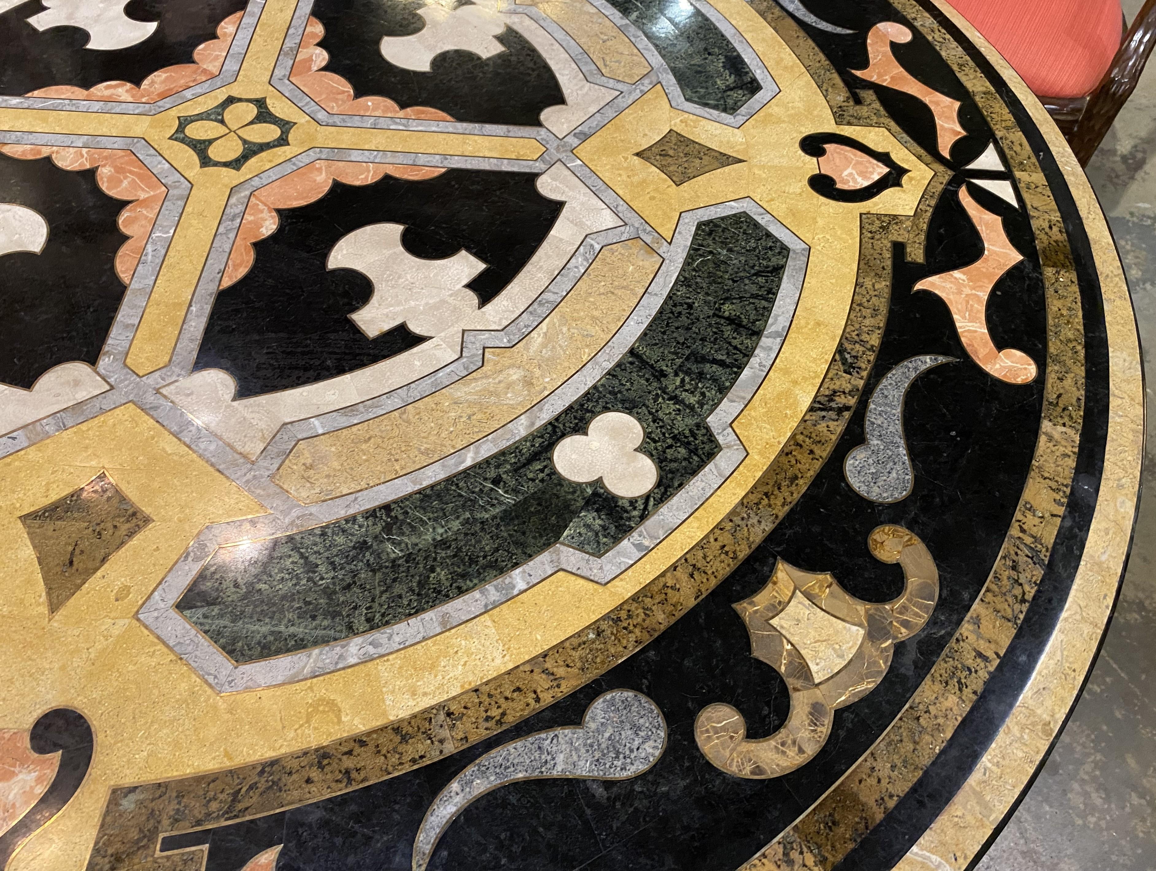 Pair of Pietra Dura & Brass Inlay Top Round Pedestal Tables w/ Composition Bases For Sale 3