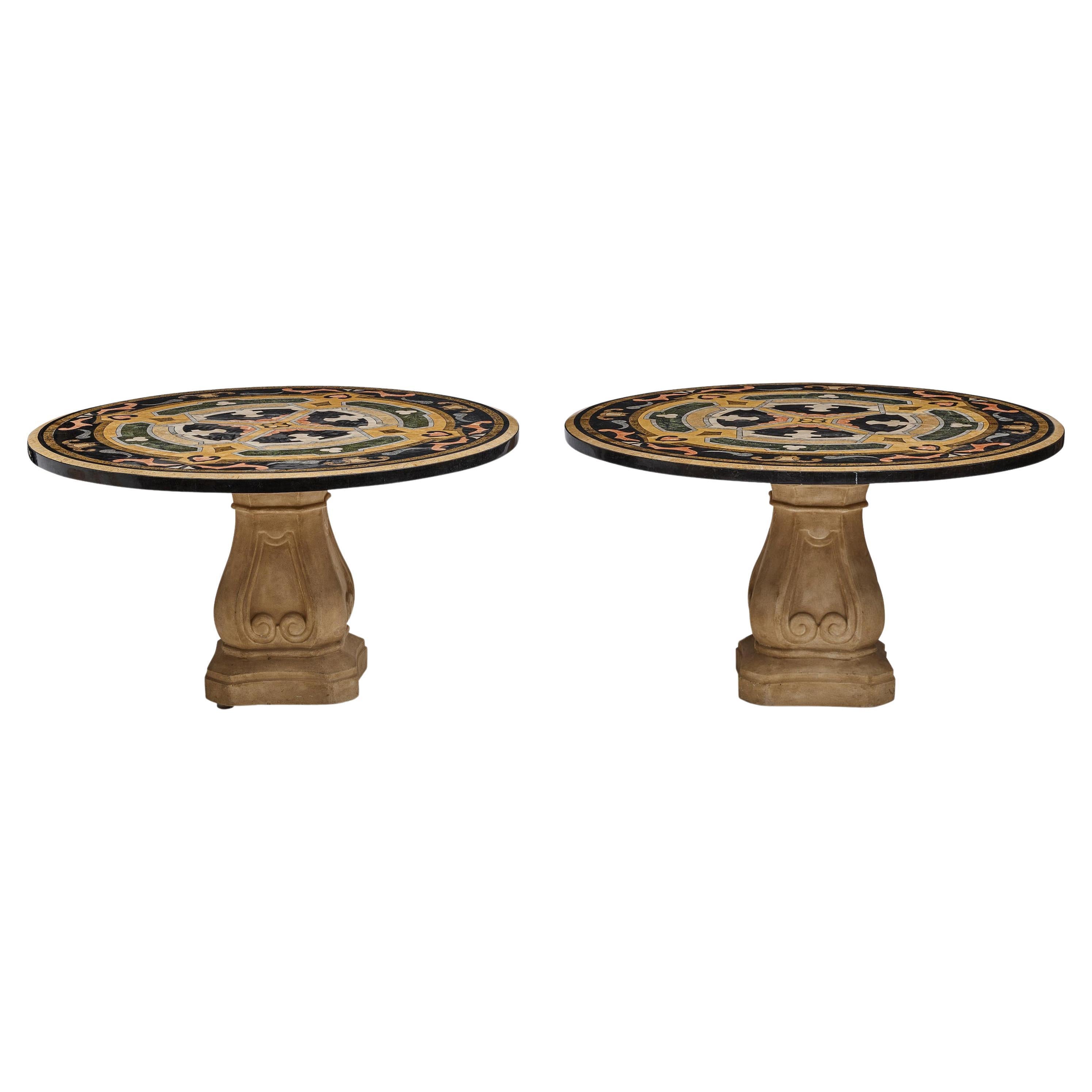 Pair of Pietra Dura & Brass Inlay Top Round Pedestal Tables w/ Composition Bases For Sale